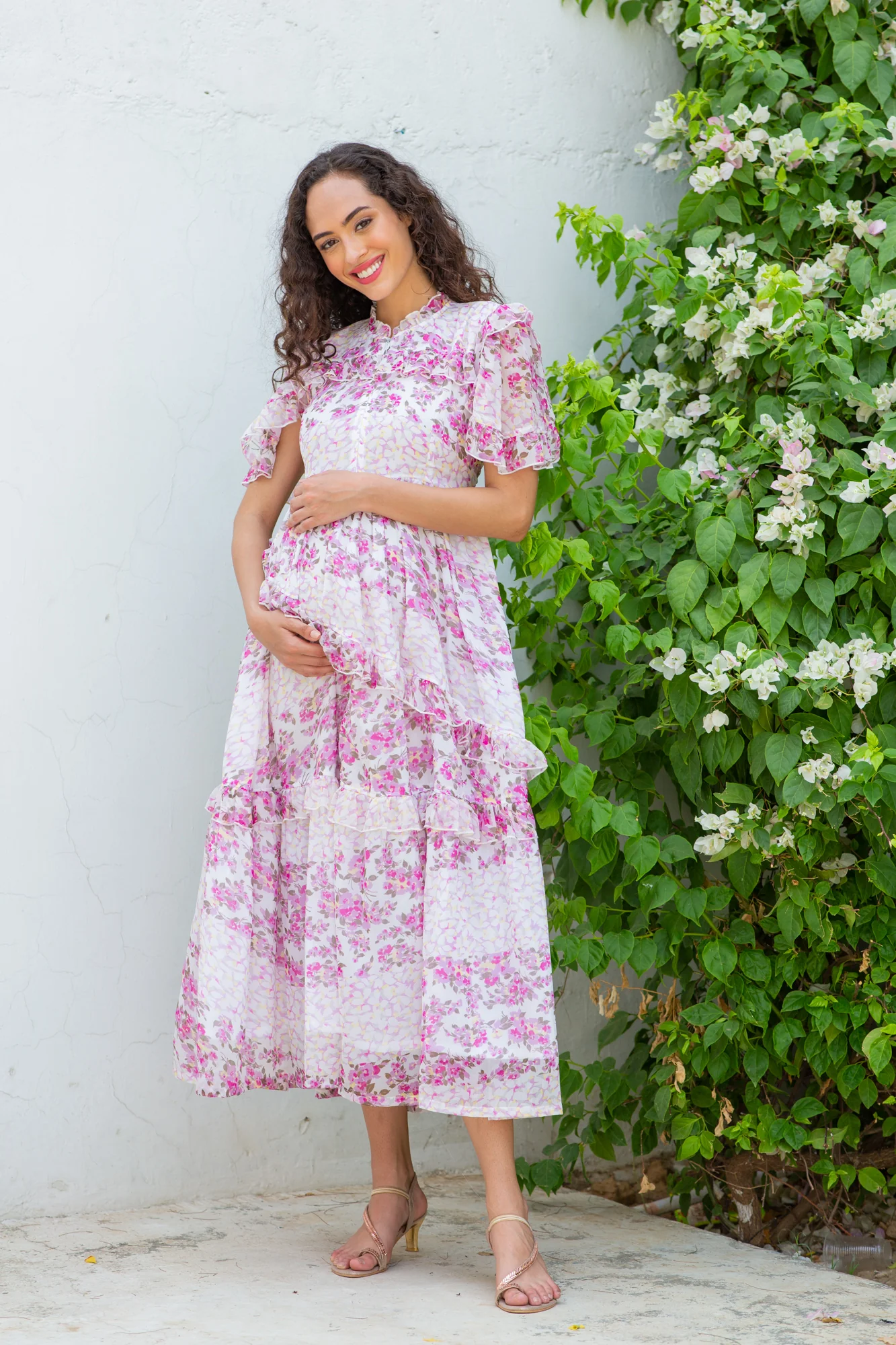 Winsome French Rose Floral Maternity & Nursing Frill Dress - Chenance