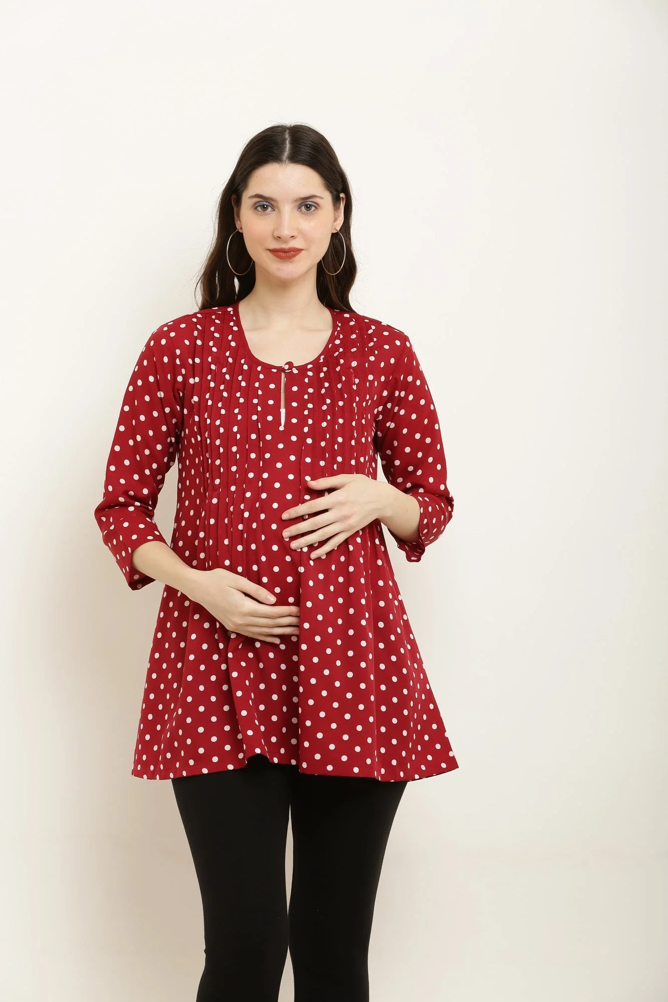 Rosy Red Polka Maternity & Nursing Pintucks Crepe Top - Chenance