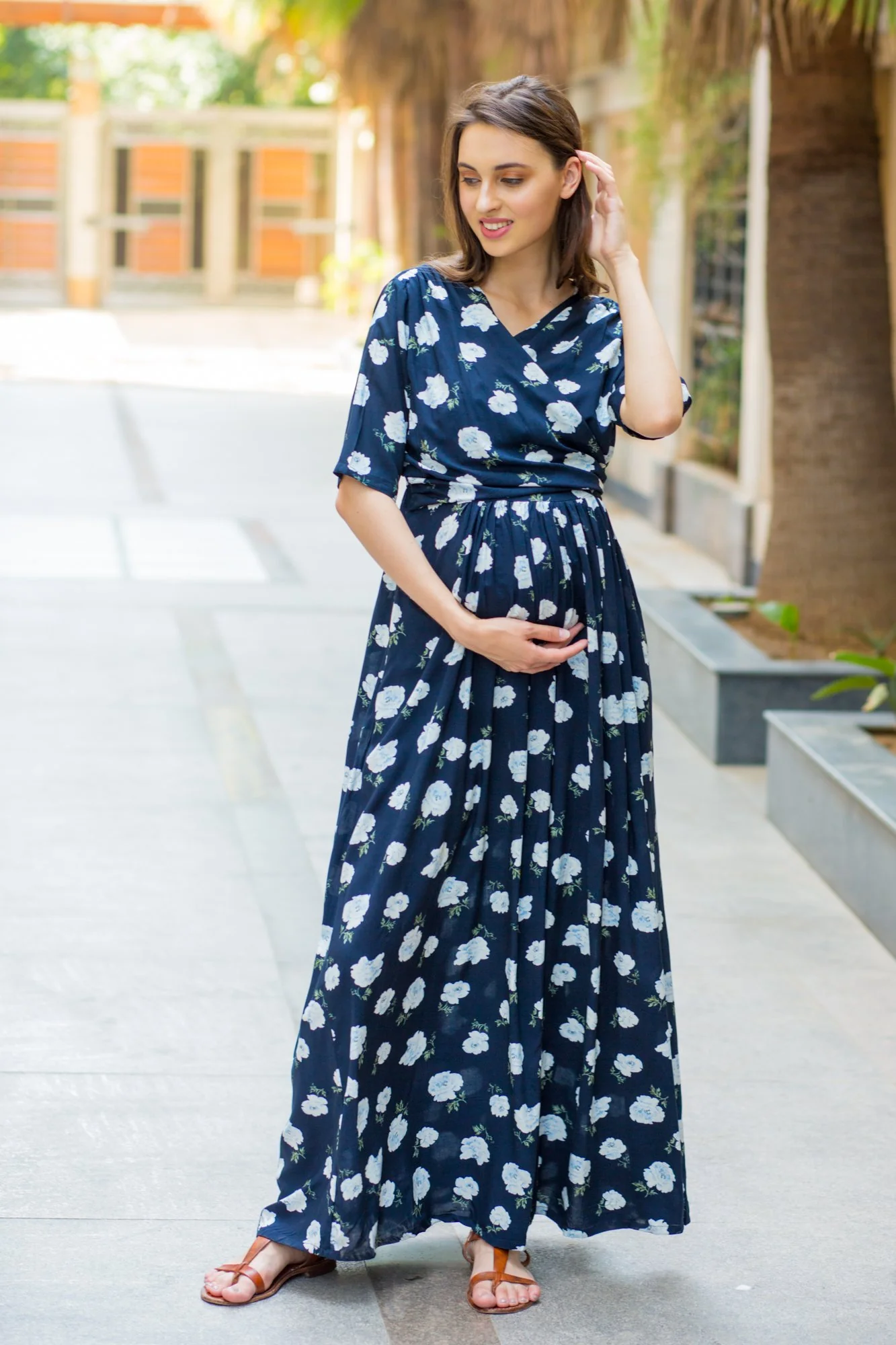 Navy White Blossom Maternity & Nursing Wrap Dress - Chenance
