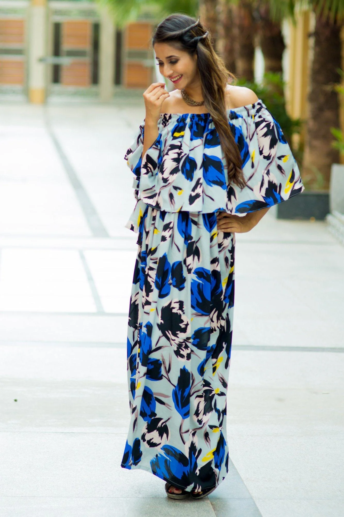 Blue Peach Floral Off-Shoulder Maternity Maxi Dress - Chenance
