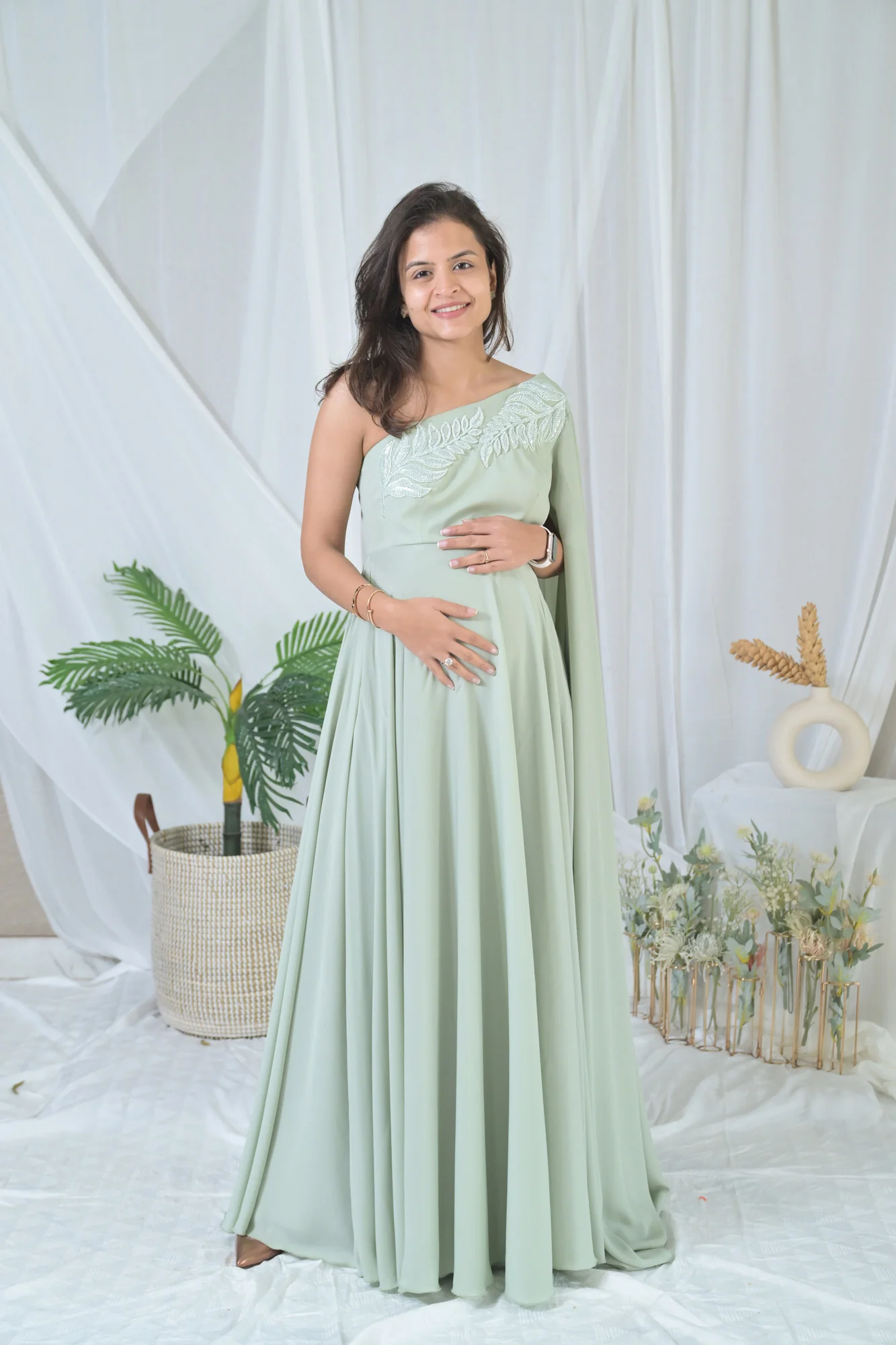 Luxe Sage Green Embroidered Maternity Satin Gown - Chenance
