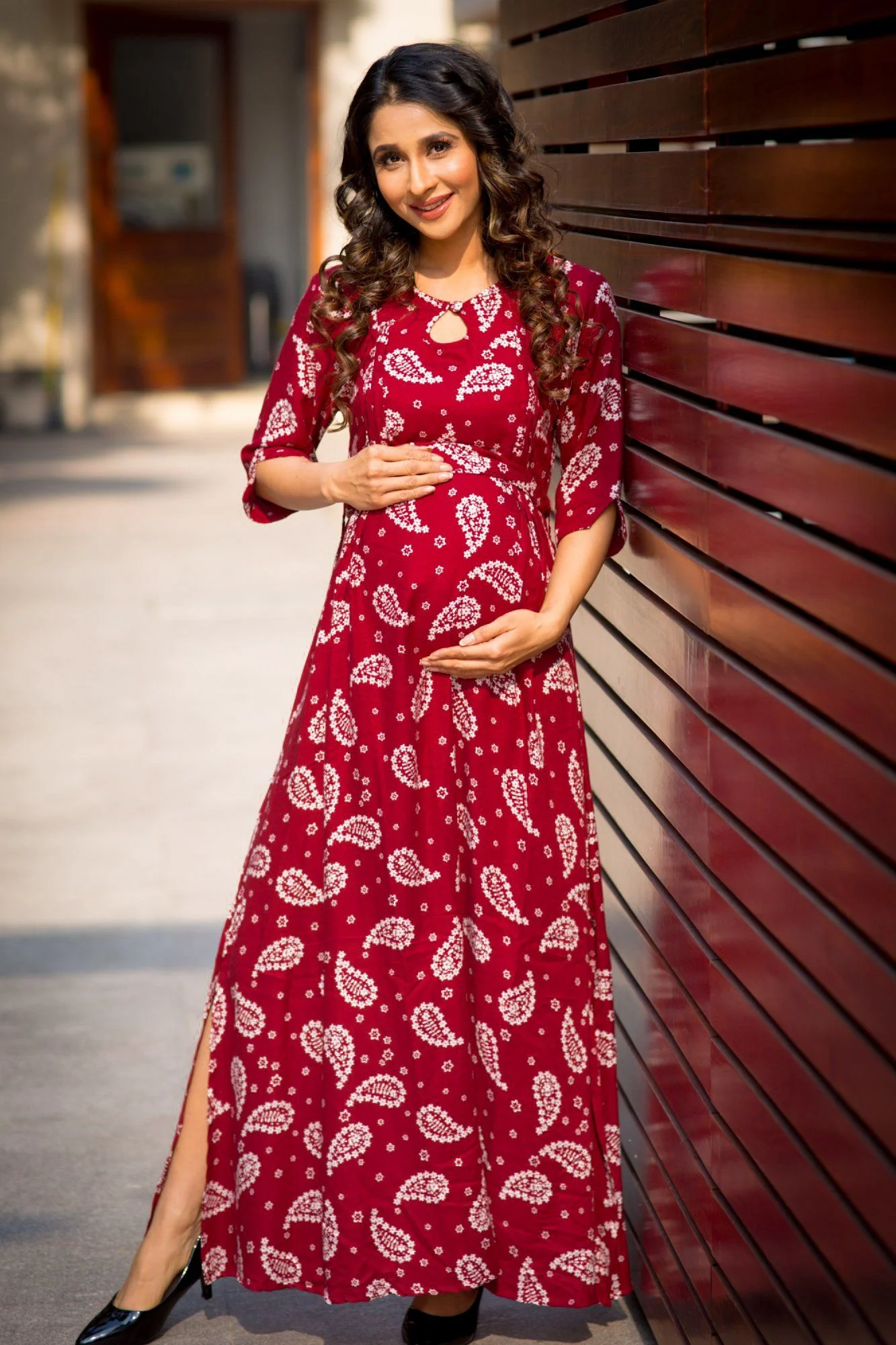 Maroon White Paisley Slit Concealed Zips Maternity & Feeding Dress - Chenance