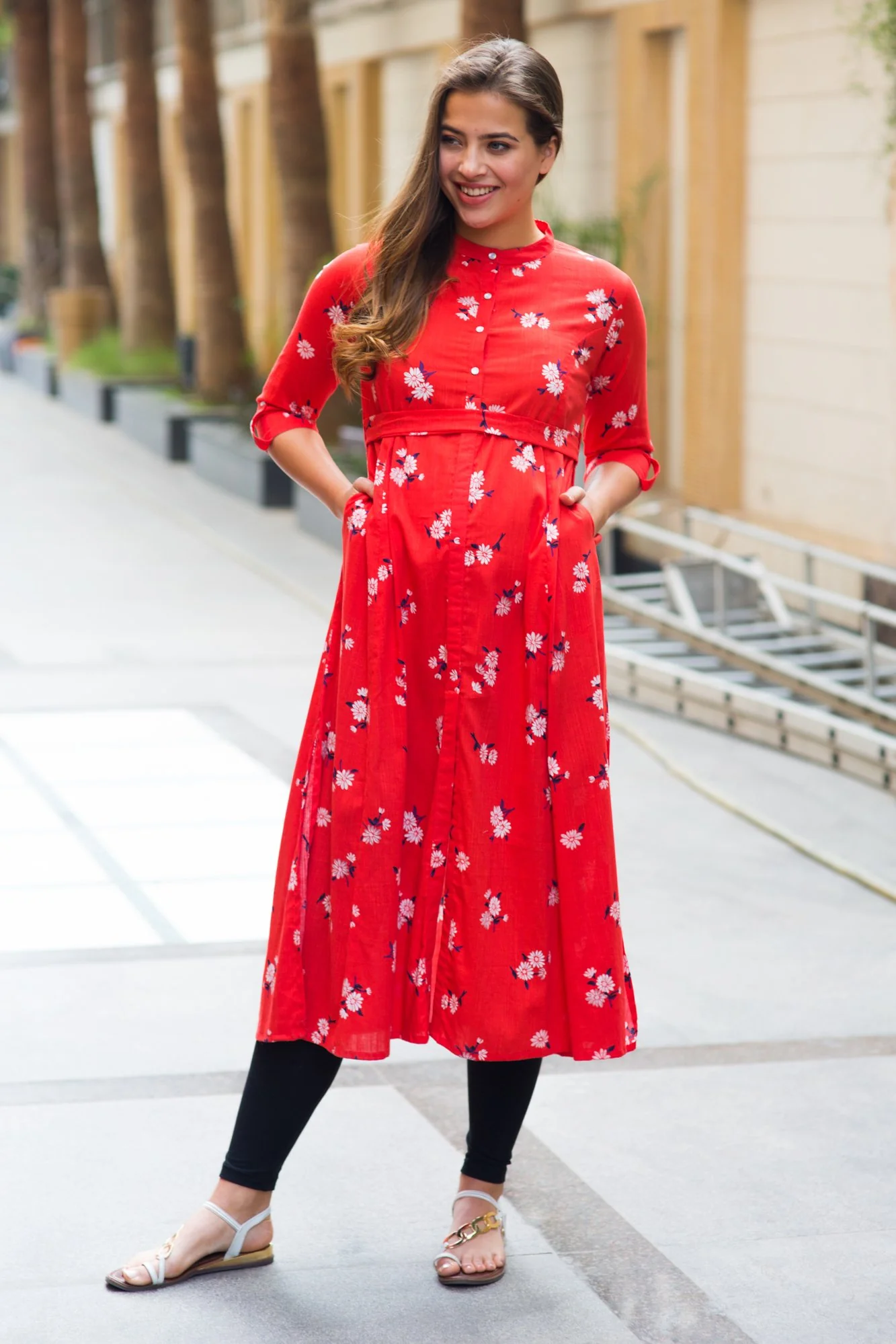 Loom Tangerine Floral Maternity and Nursing Kurta - Chenance