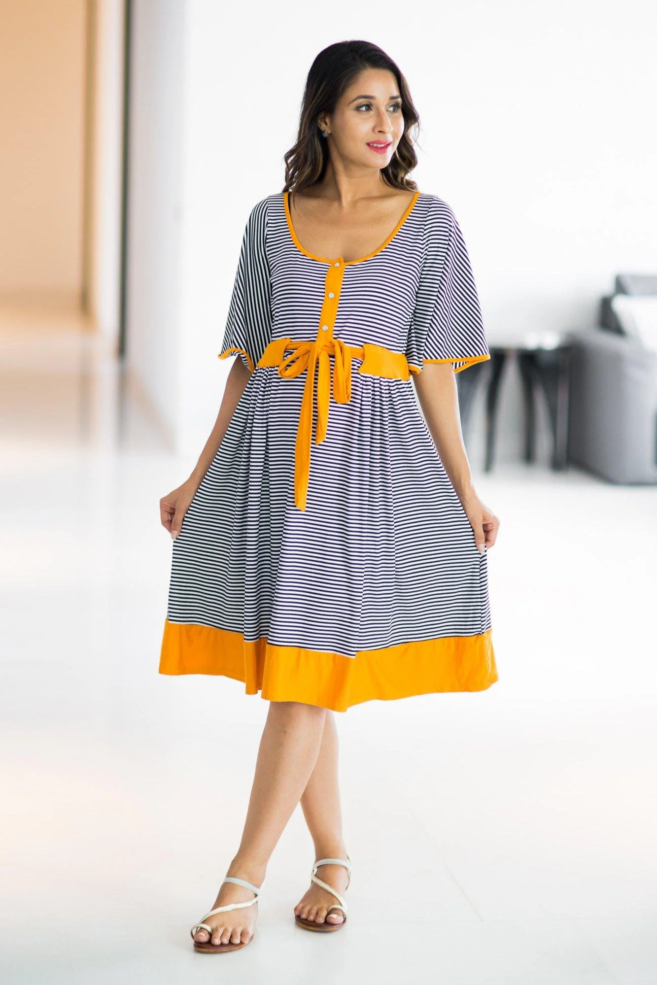Mustard Striped Swing Maternity & Nursing Dress - Chenance