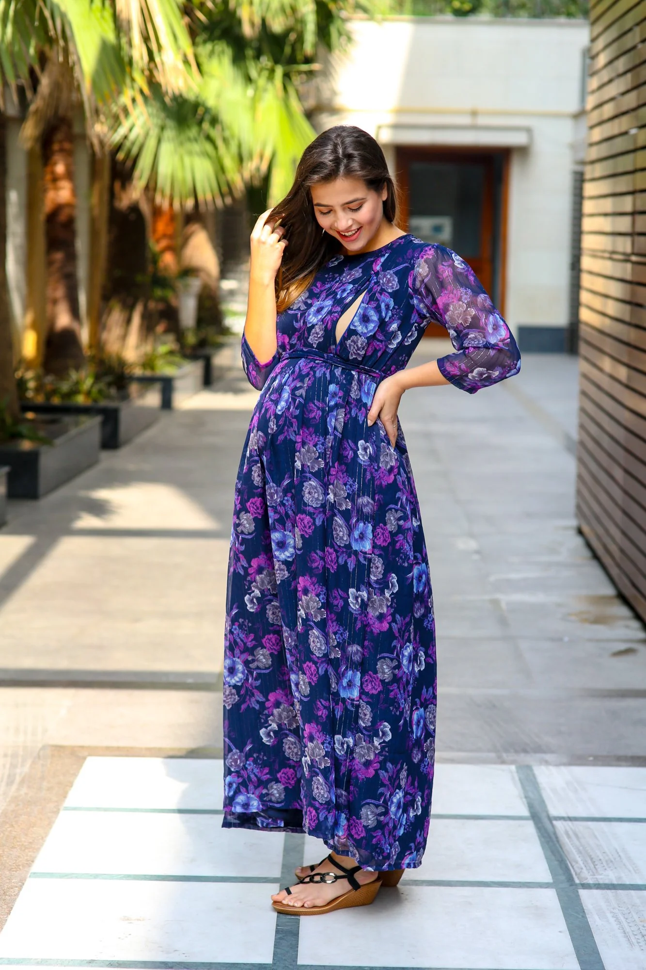 Luxe Chiffon Violet Floral Maternity & Nursing Dress - Chenance