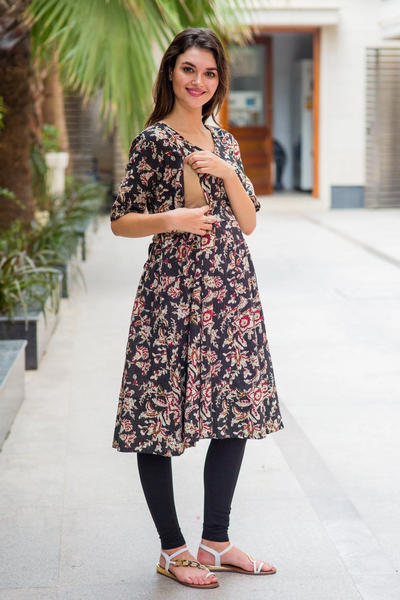 Raven Indian Motif Maternity & Nursing Cotton Kurta Dress - Chenance