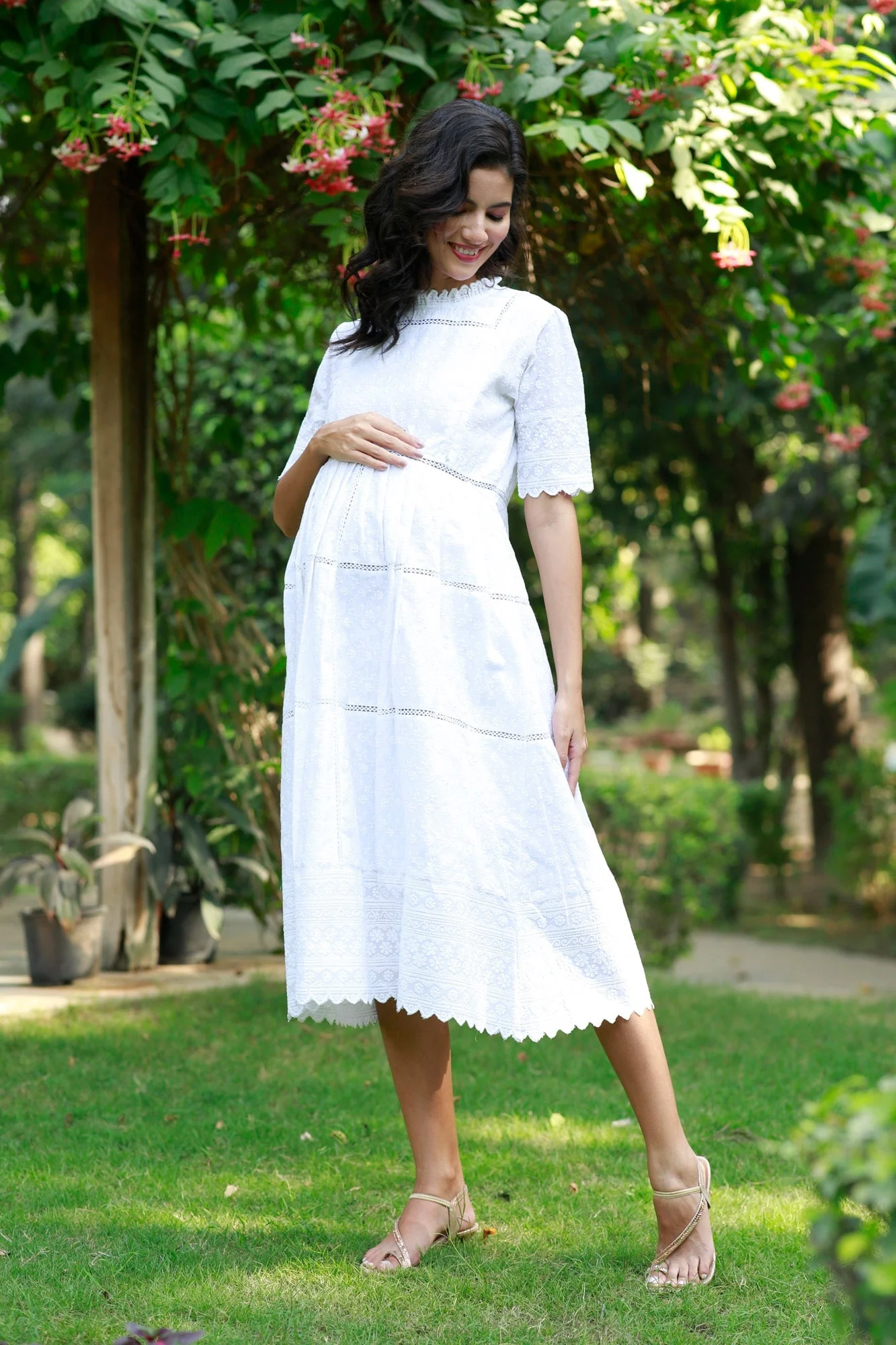 Paradise Daisy White Maternity & Nursing Dress (100% Cotton) - Chenance