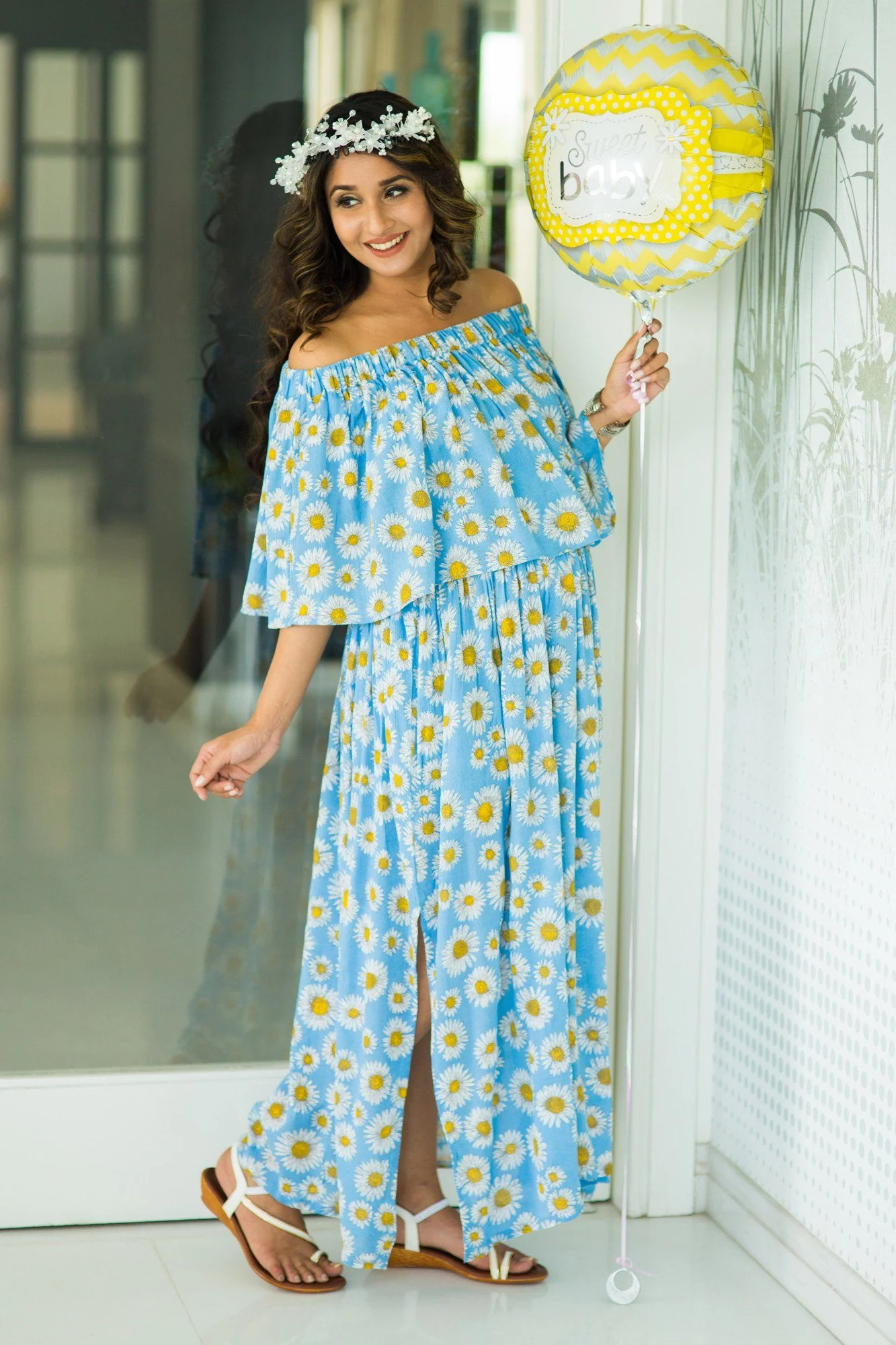 Sun flower Off-Shoulder Maternity Maxi Dress - Chenance