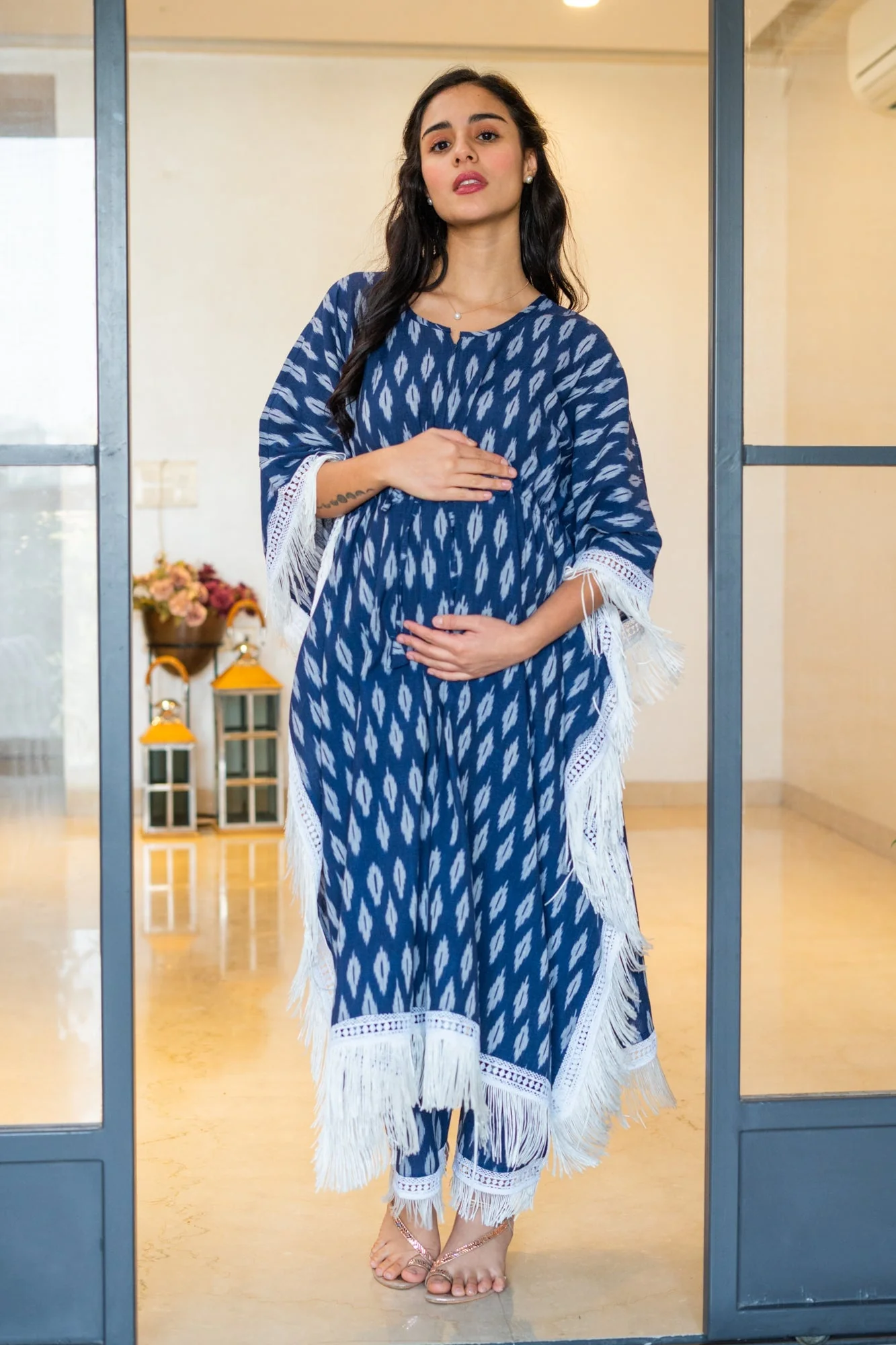 Luxe Indigo Blue Ikat Maternity & Nursing Kaftan Coord Set (100% Cotton) (2 Pc) - Chenance