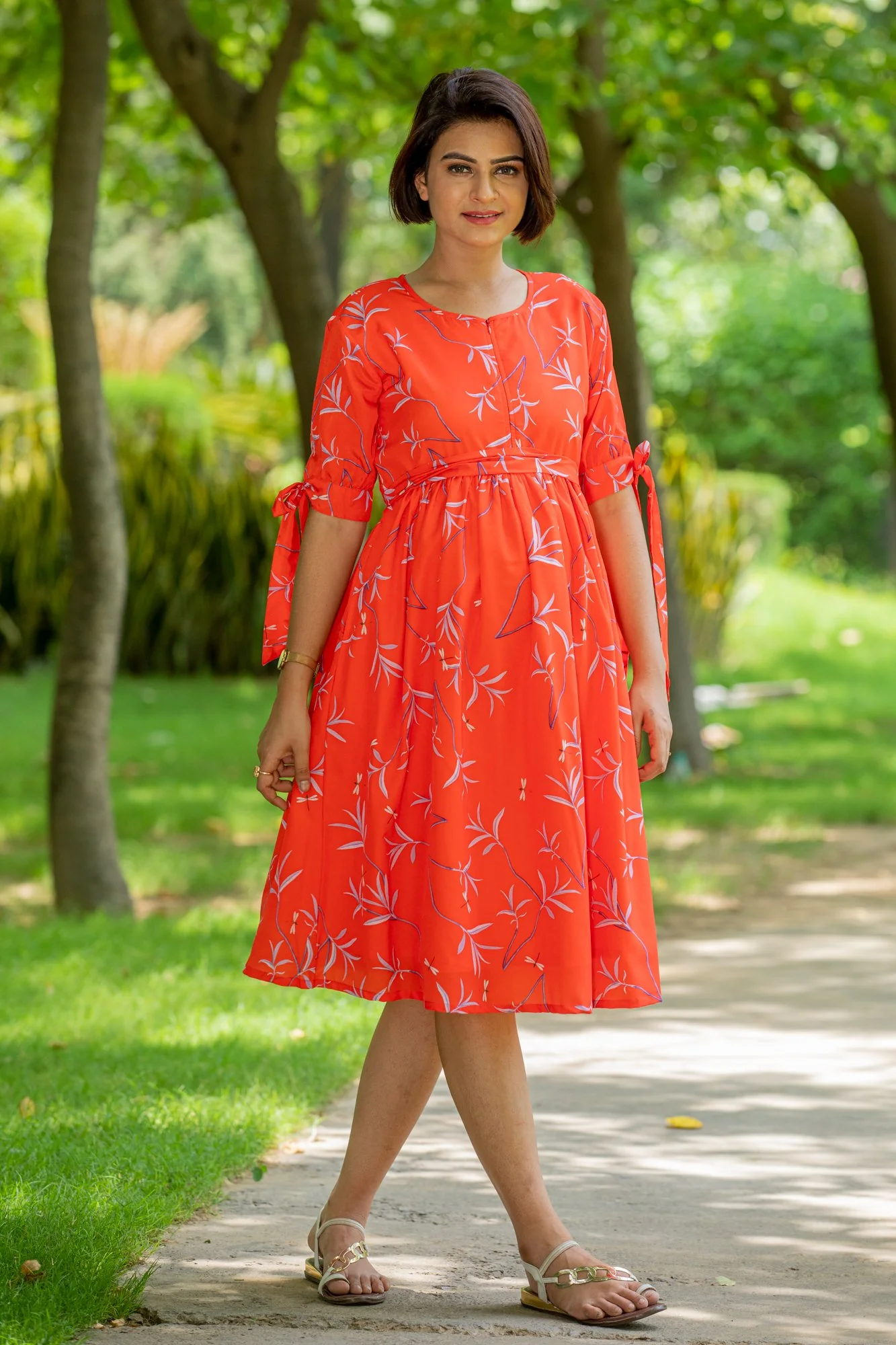 Tangerine Side Ties Maternity & Nursing Dress - Chenance