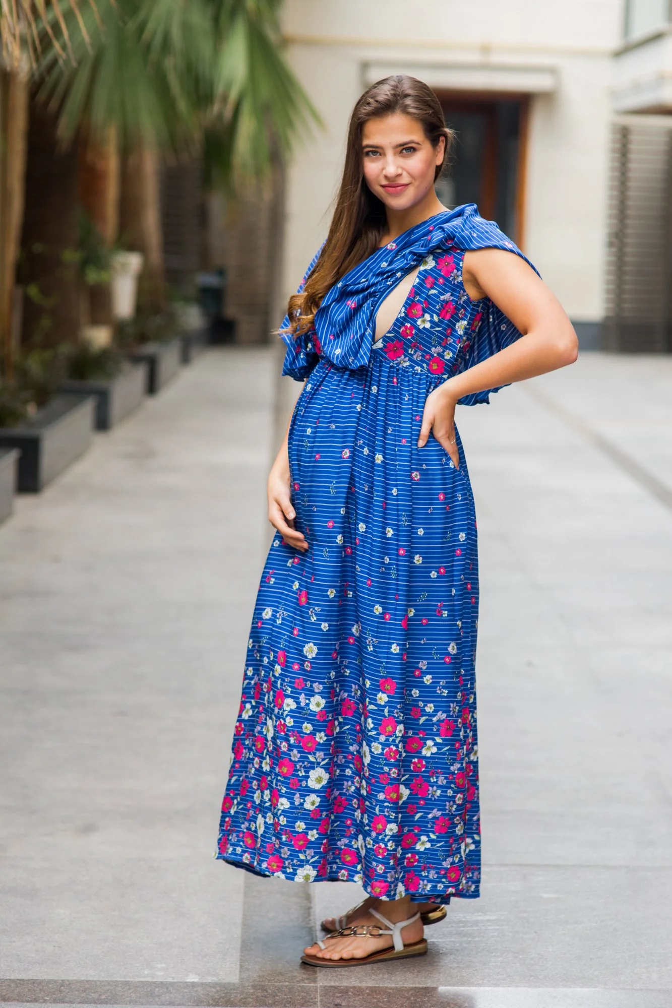 Celeste Blue Floral Maternity & Nursing Flap Dress - Chenance
