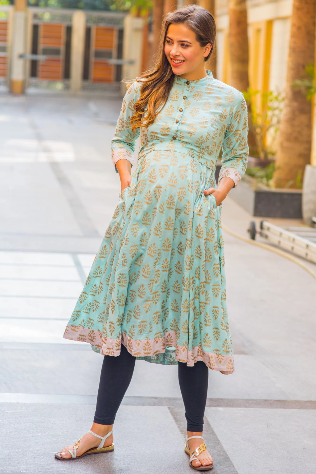 Mint Blue Gold Block Print Silk Maternity & Nursing Kurta - Chenance