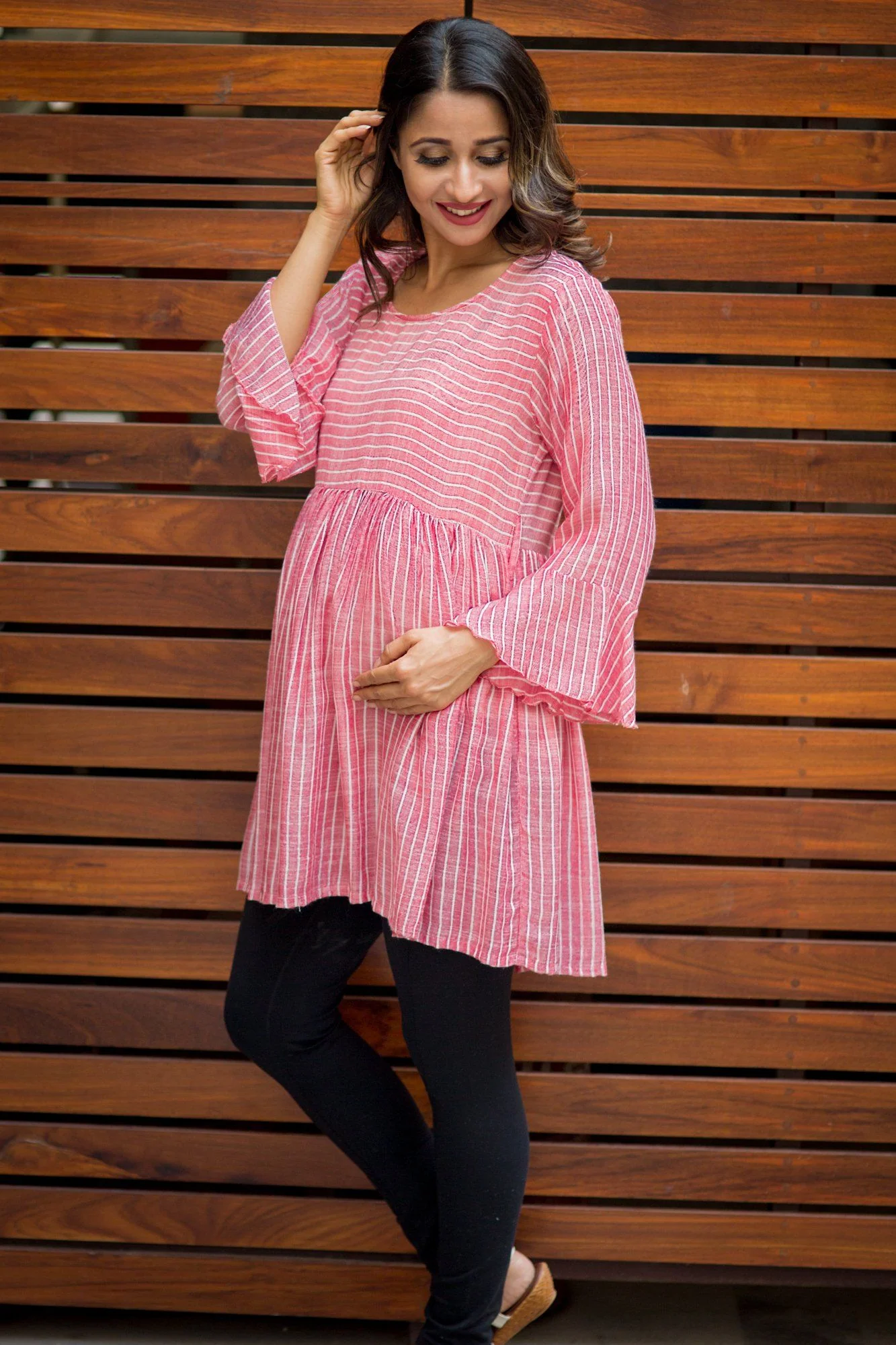 Red Striped Bell Sleeves Gathered Maternity Top - Chenance