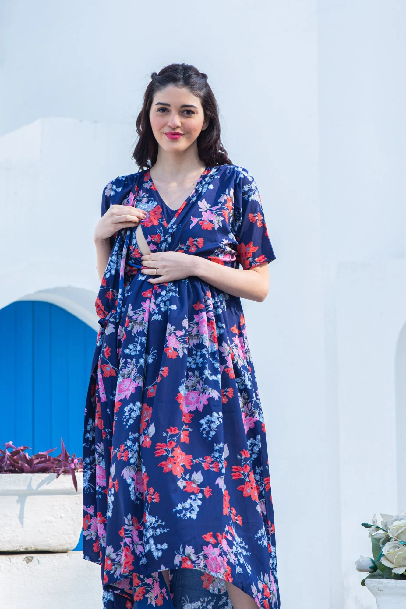 Navy Blue Peony Maternity & Nursing Hi-Low Wrap Dress - Chenance
