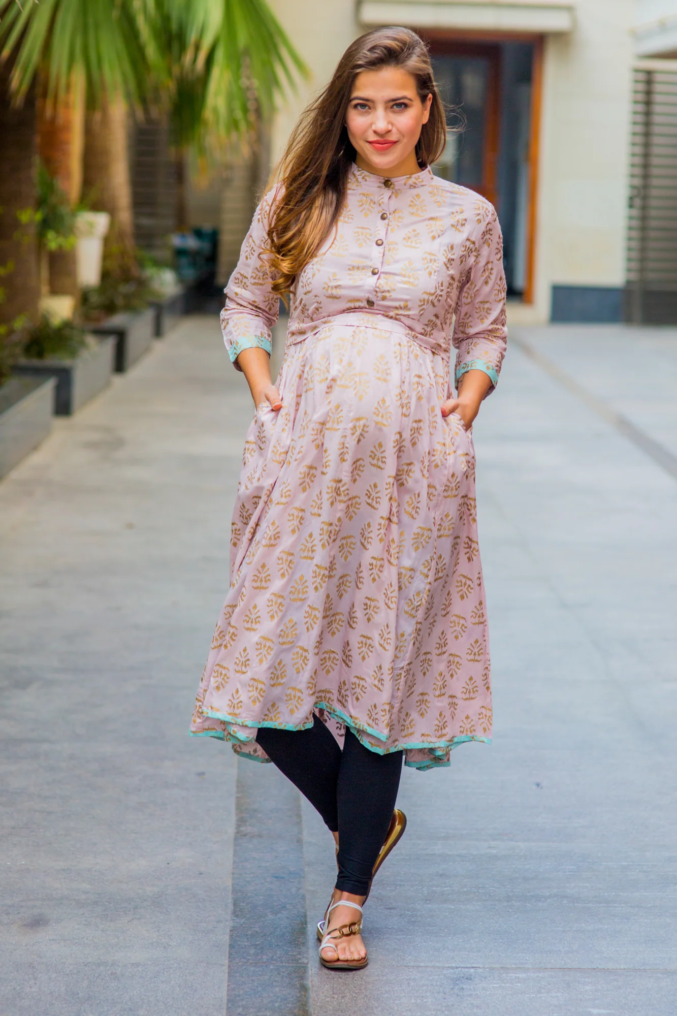 Pastel Pink Gold Block Print Silk Maternity & Nursing Kurta - Chenance