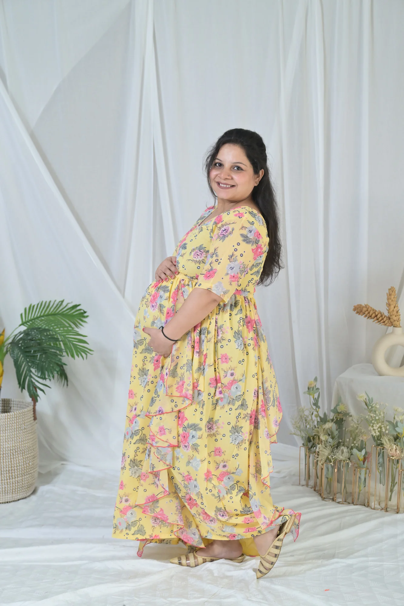Happy Floral Yellow Maternity & Nursing Flow Dress - Chenance