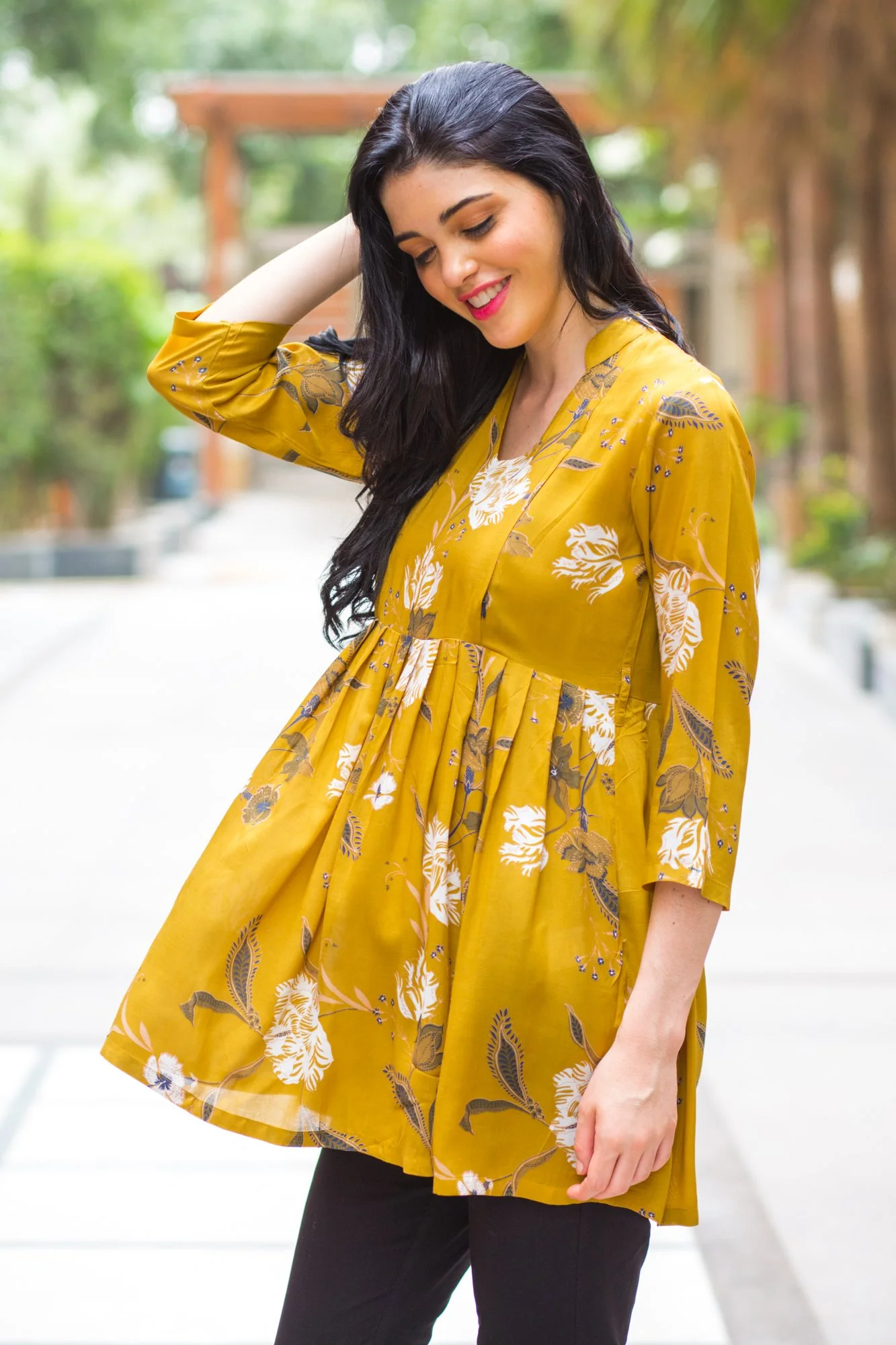 Mustard Yellow Leafy Maternity & Nursing Top - Chenance