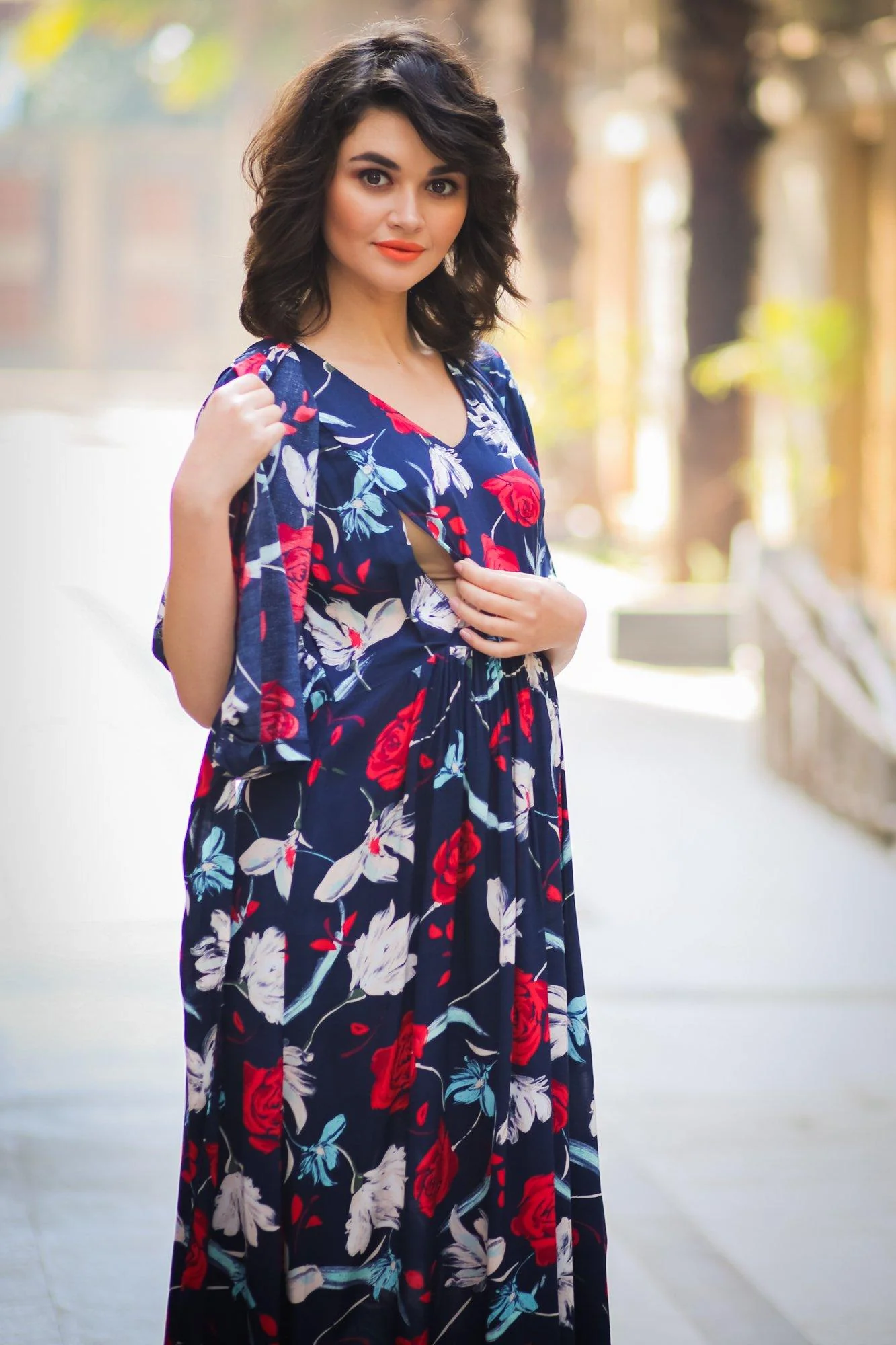 Blue Red Floral Maternity & Nursing Wrap Dress - Chenance