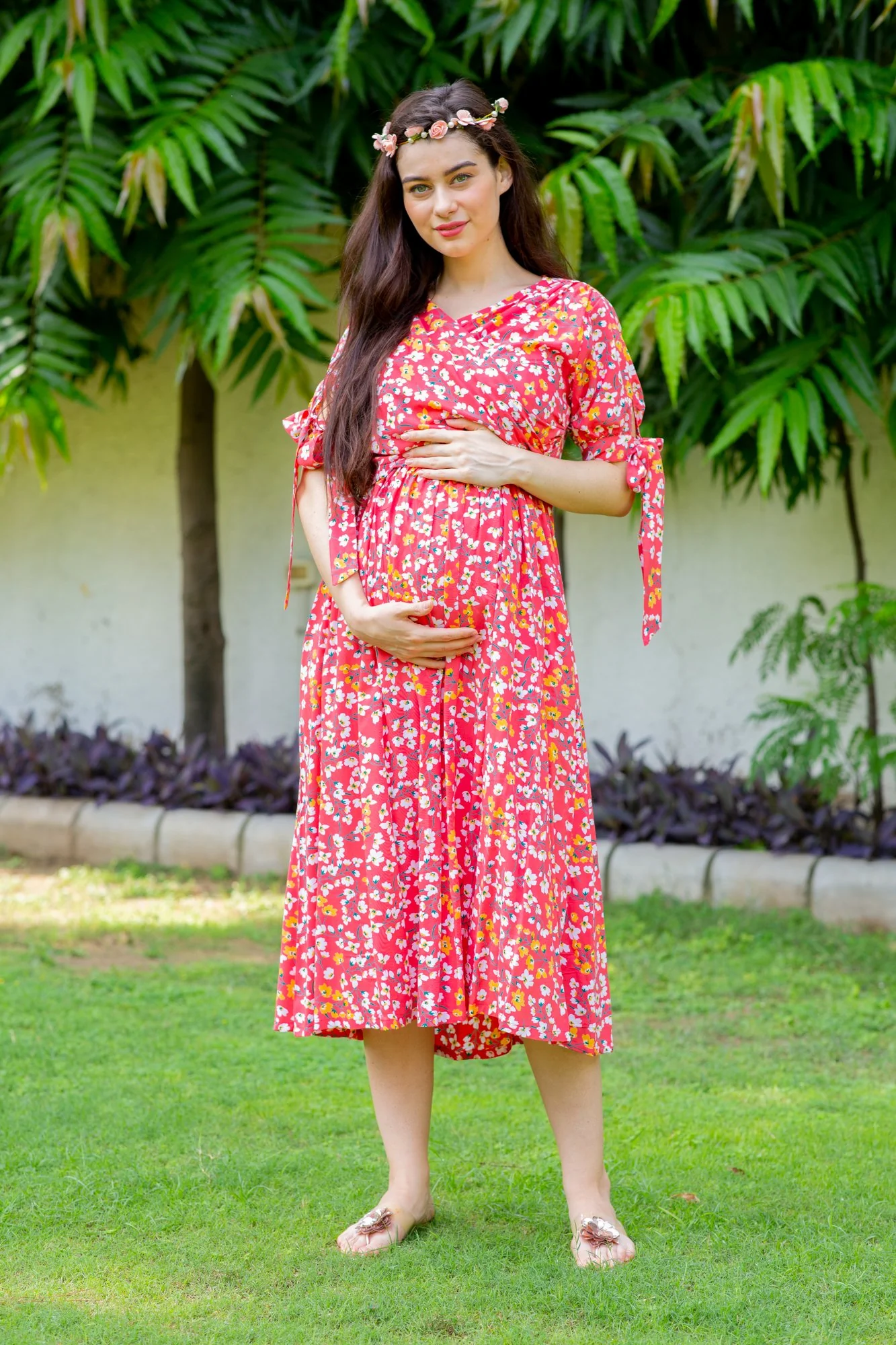 Strawberry Red Maternity & Nursing Midi Wrap Dress - Chenance