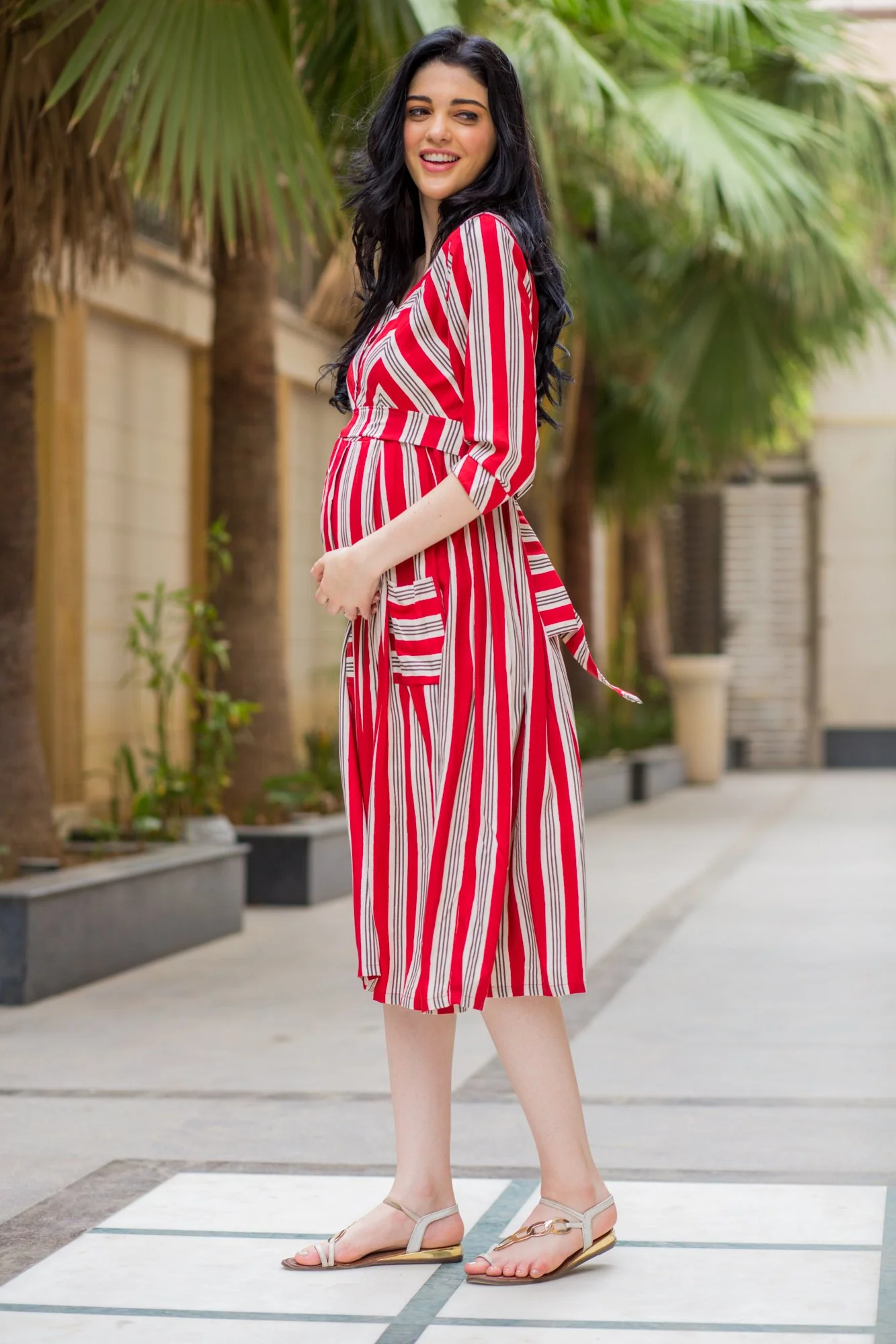 Unique Maroon Pocket Striped Maternity & Nursing Dress - Chenance