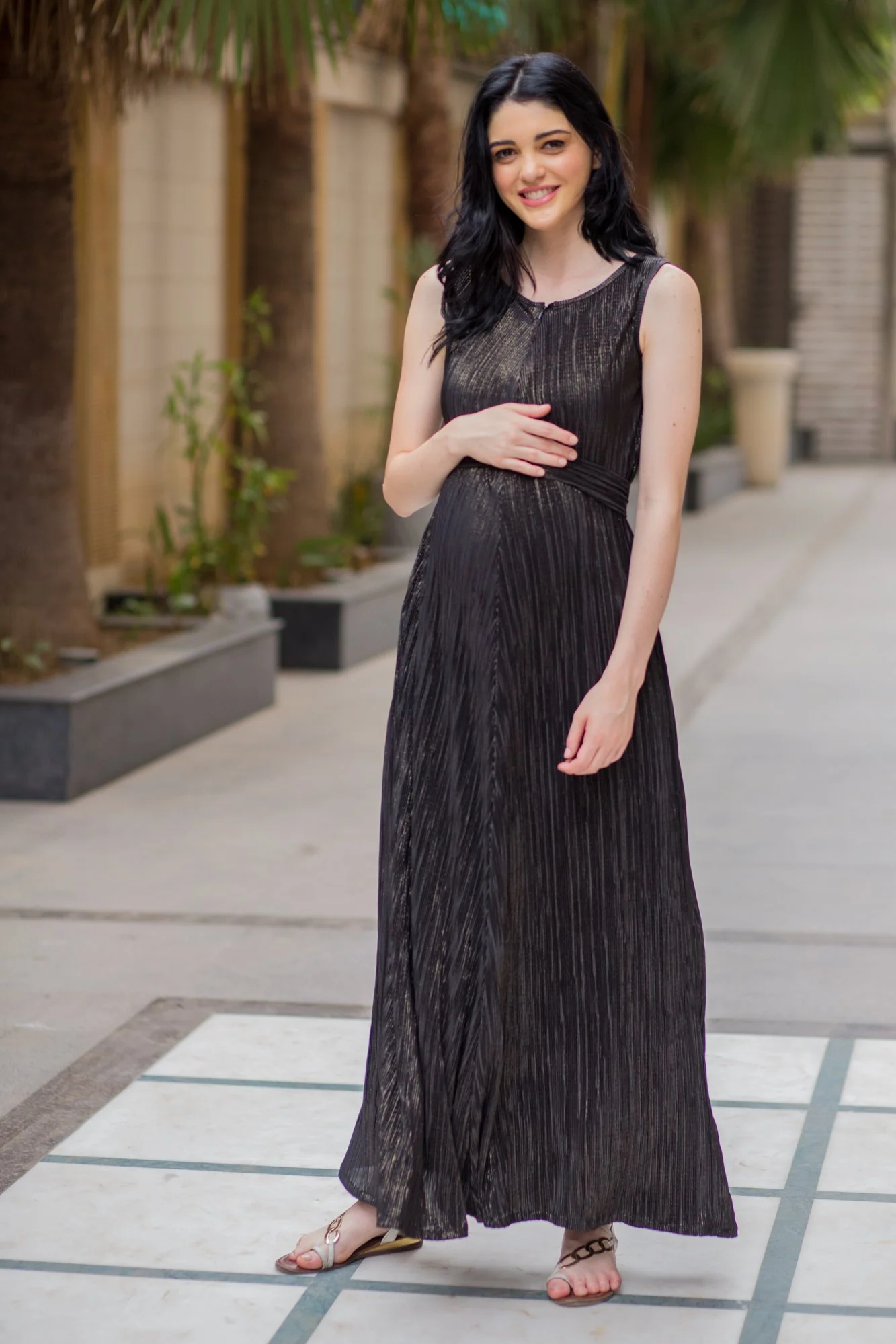Exclusive Black Gold Pleated Maternity & Nursing Dress - Chenance