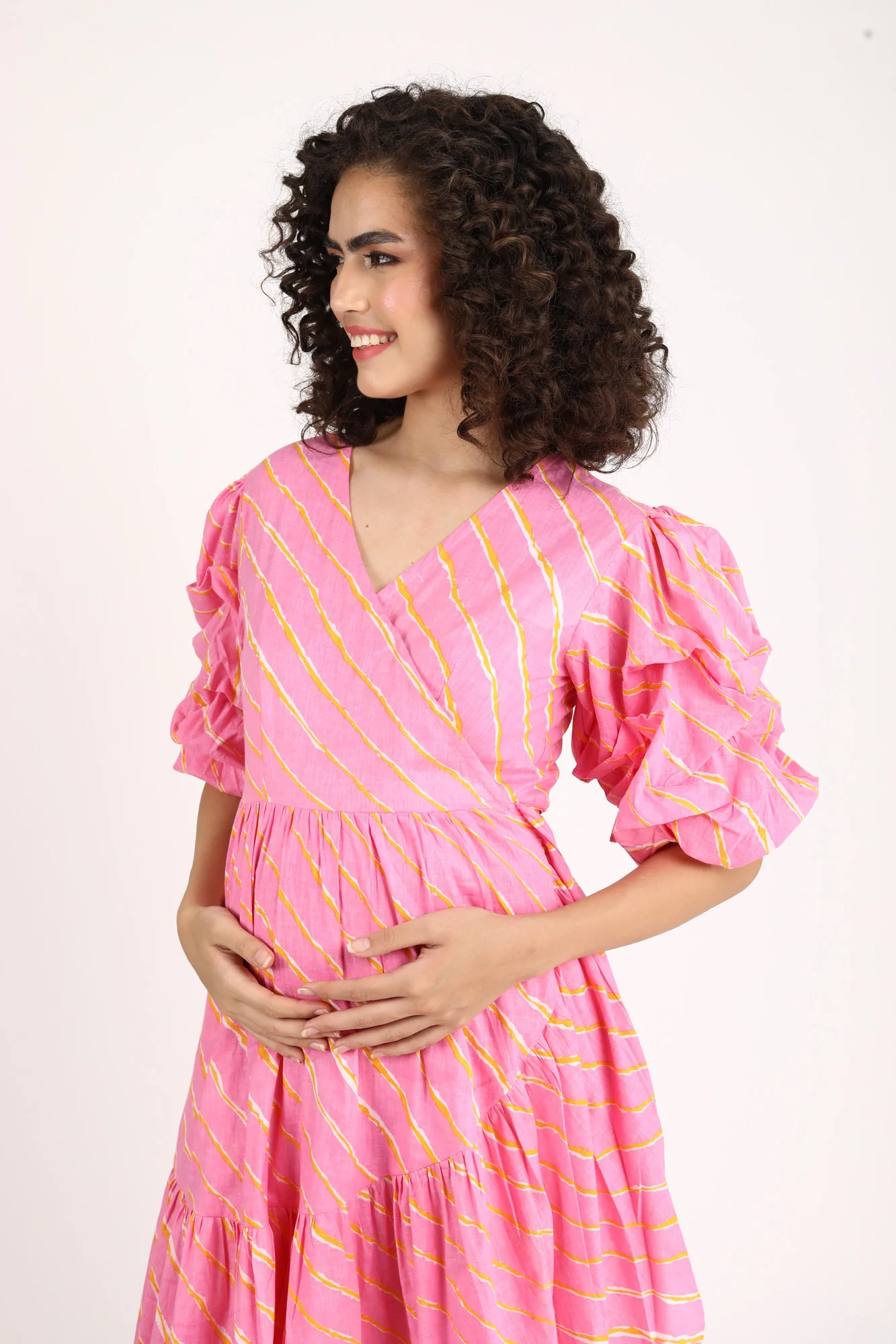 Bubblegum Pink Maternity & Nursing Frill Wrap Dress (100% Cotton) - Chenance