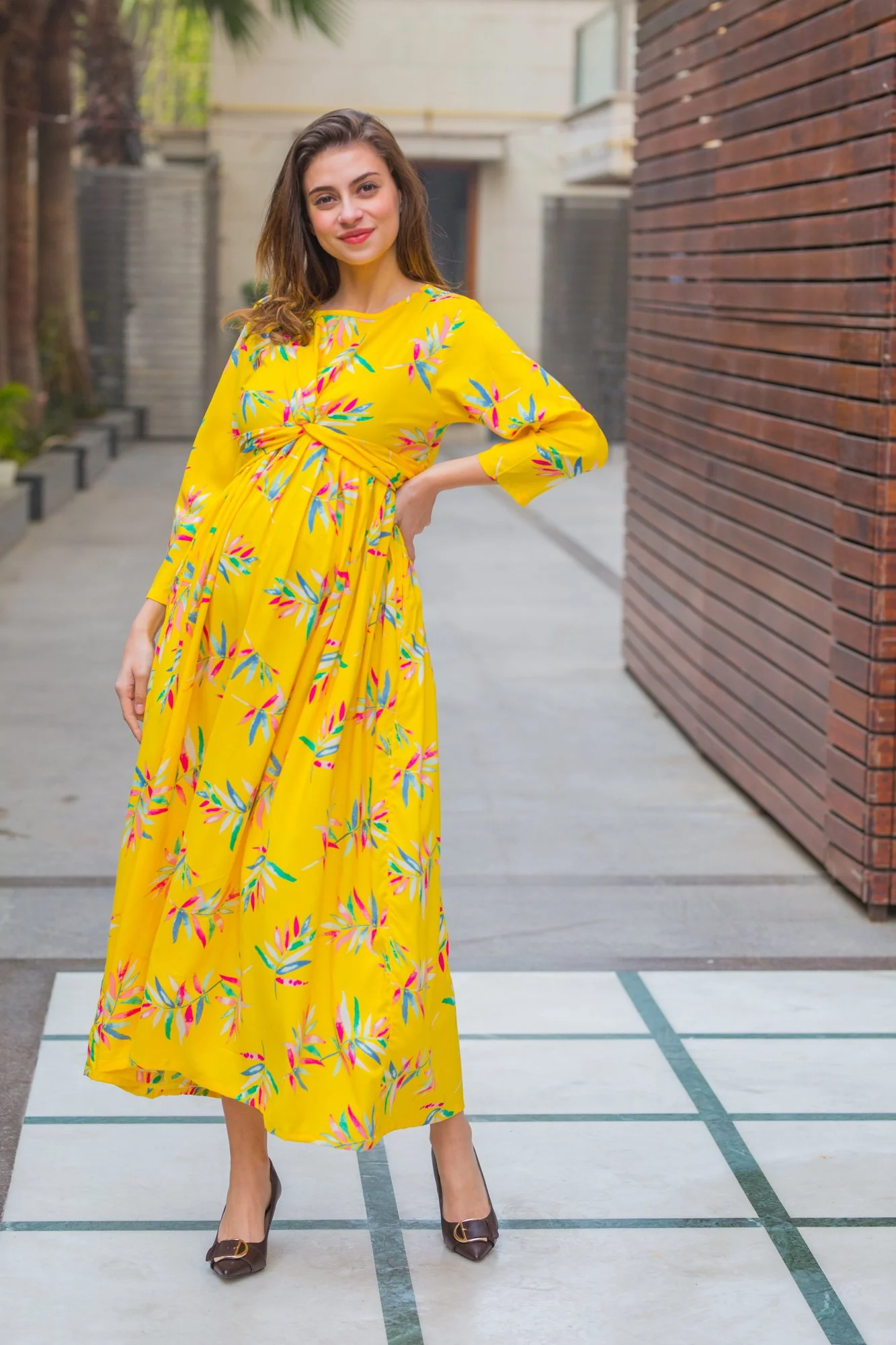 Daffodil Floral Maternity Knot Dress - Chenance