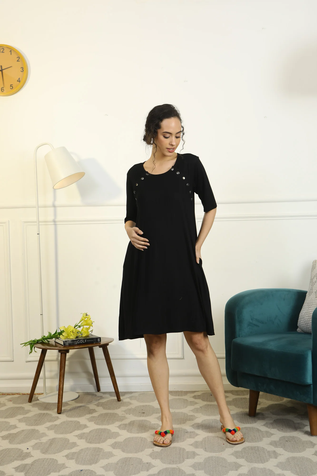 Soft Black Shoulder Snap Maternity & Nursing Night Dress / Delivery Gown/ Lounge Dress - Chenance