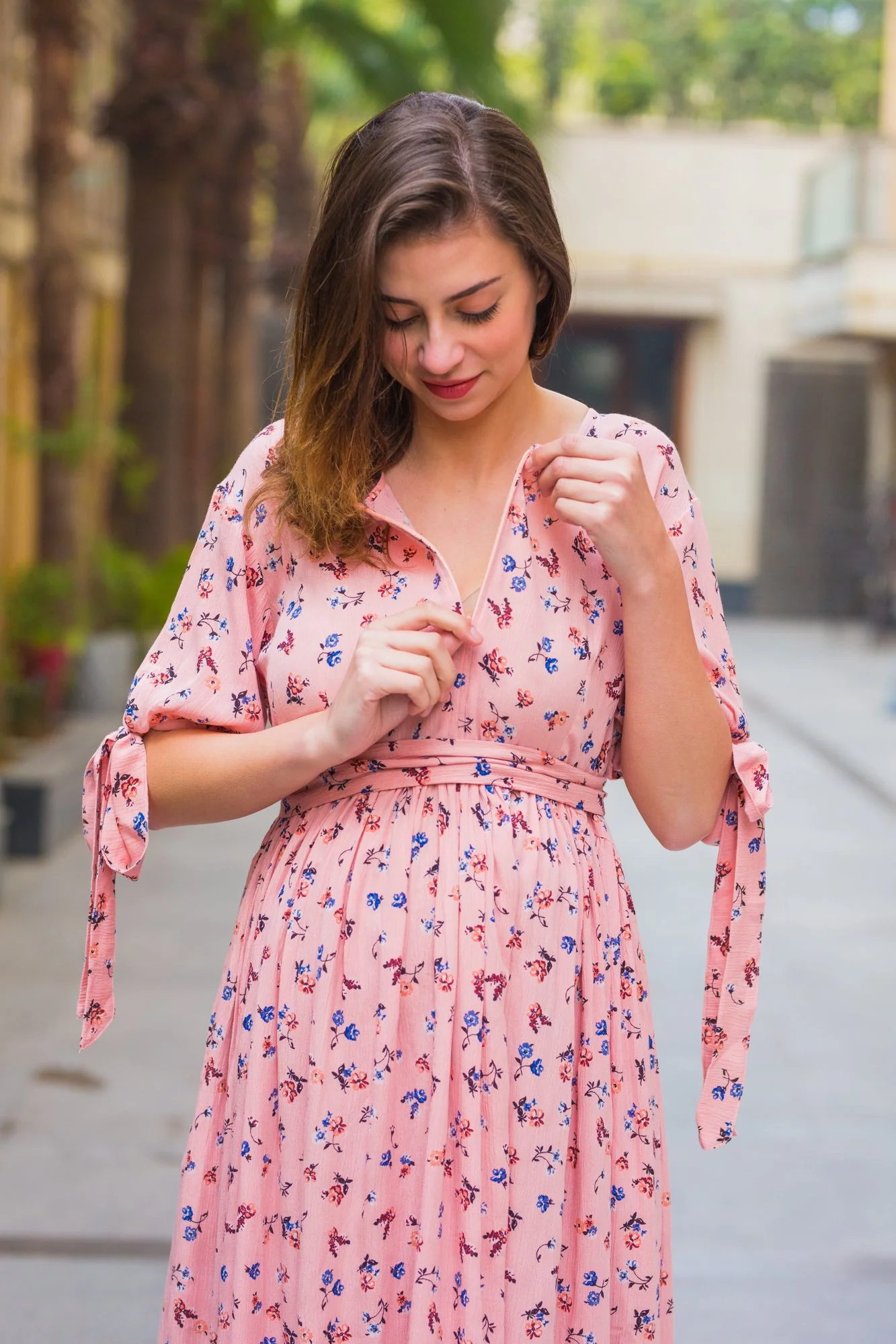 Bubbly Peach Maternity & Nursing Tie Dress - Chenance