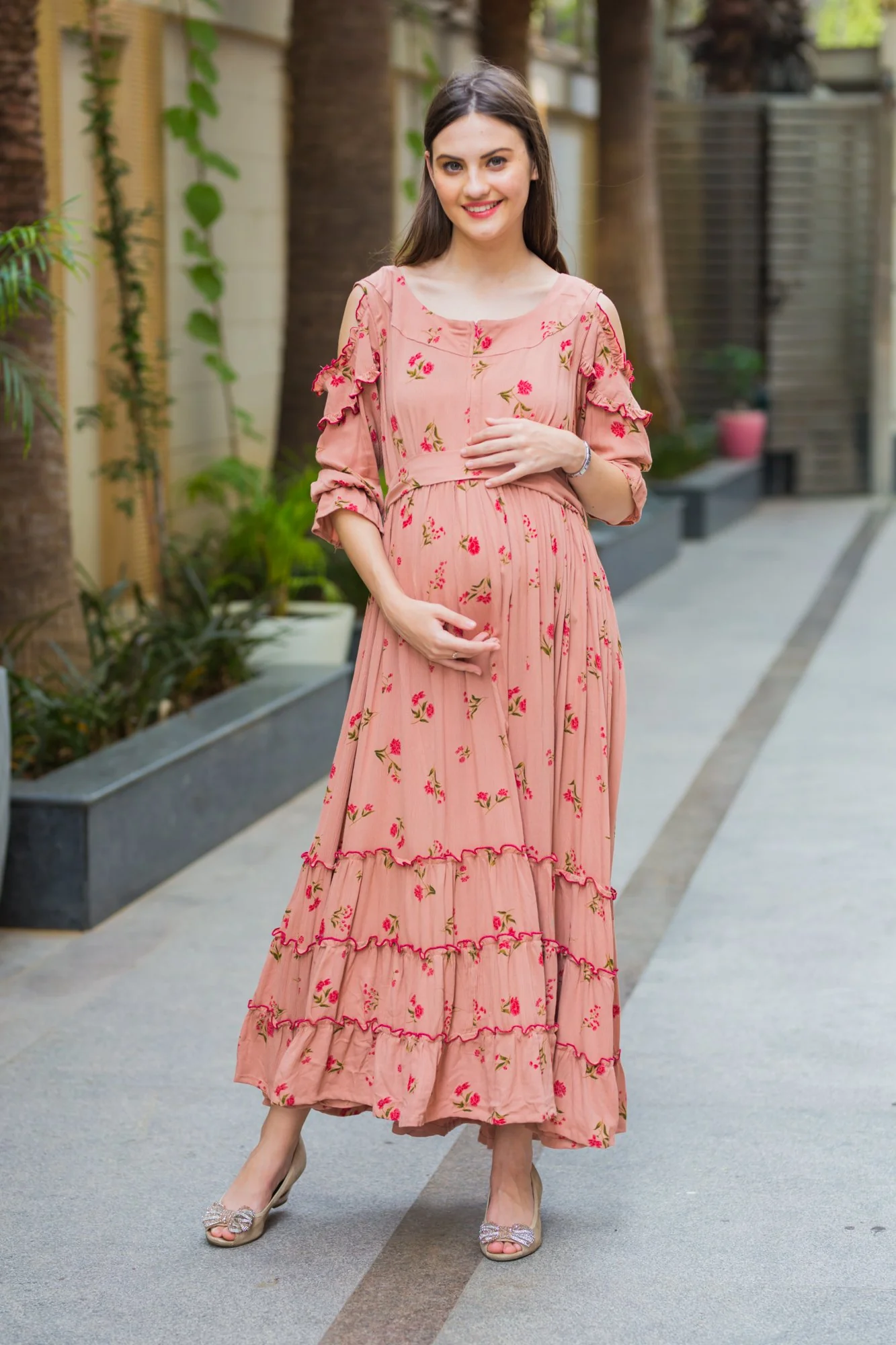 Peach Hawaiin Floral Frill Maternity & Nursing Maxi - Chenance