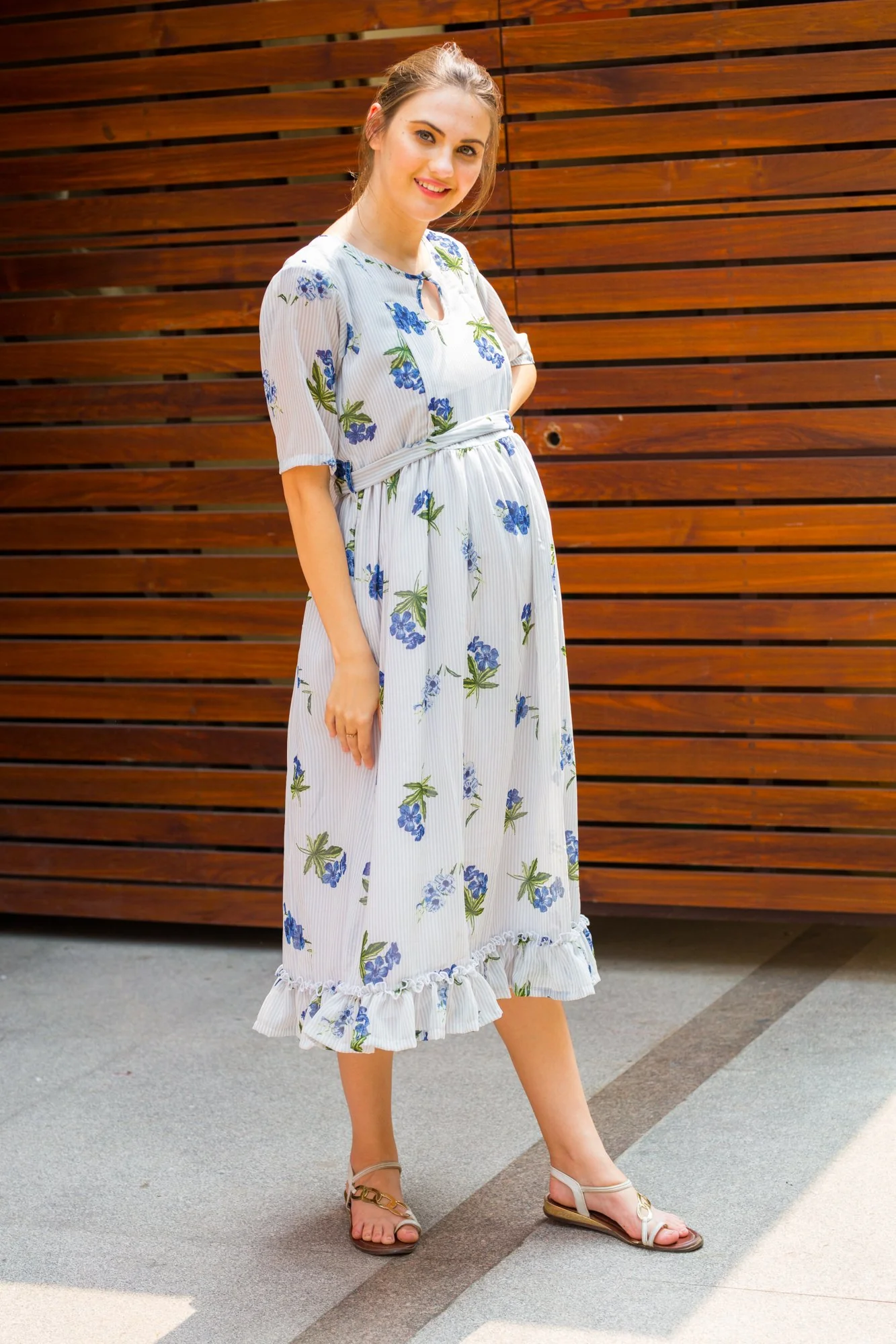 Rose Striped Concealed Zips Nursing Dress - Chenance