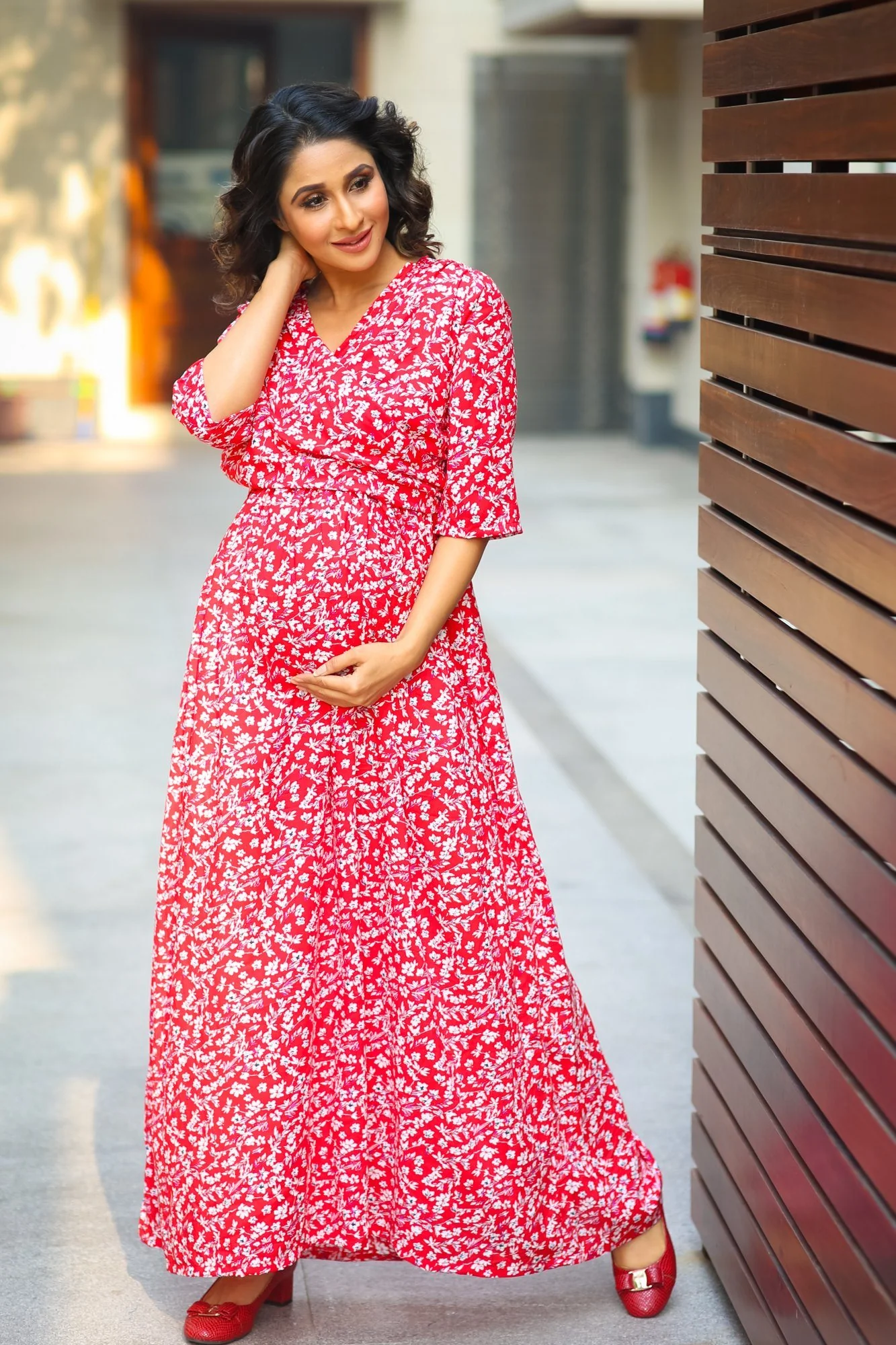 Candy Red Floral Maternity & Nursing Wrap Dress - Chenance