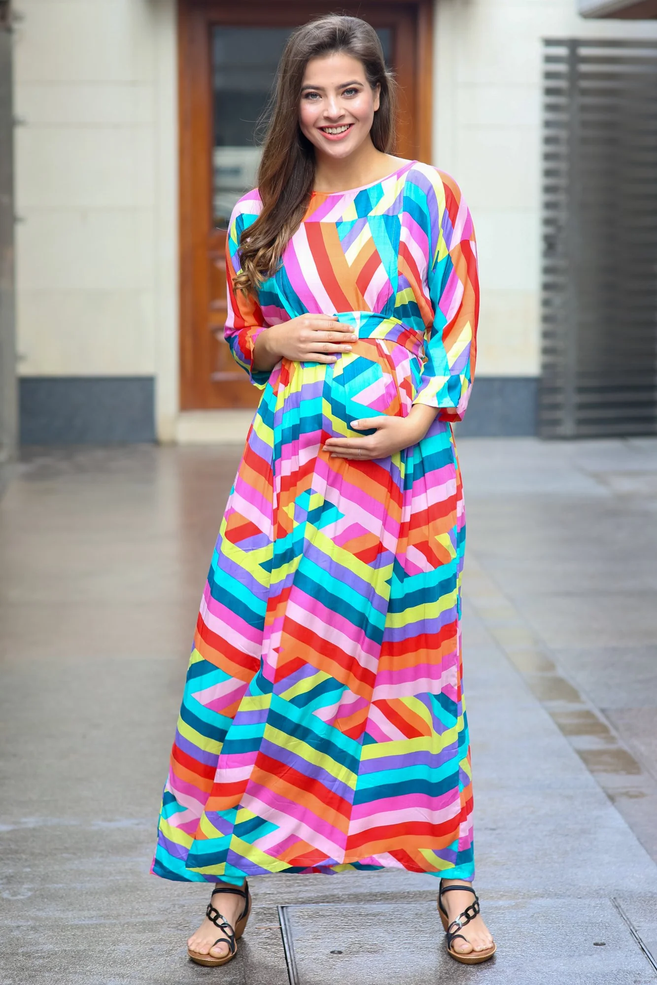 Abstract Rainbow Maternity & Nursing Maxi Dress - Chenance