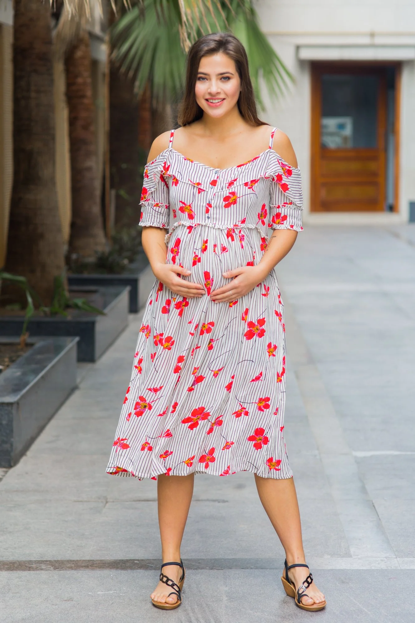 Exclusive Grey Red Stripe Front Zip Maternity & Nursing Maxi Dress - Chenance