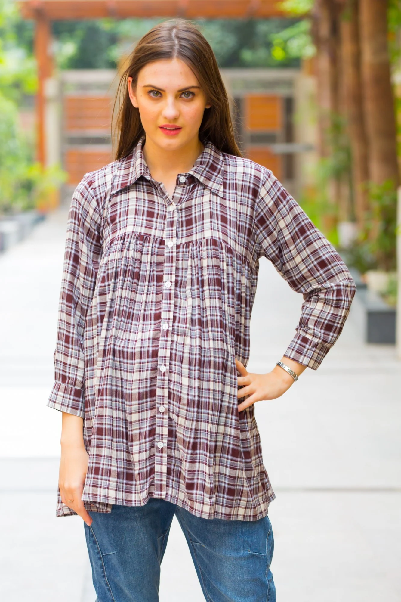 Mocha Check Gathered Maternity & Nursing Top - Chenance