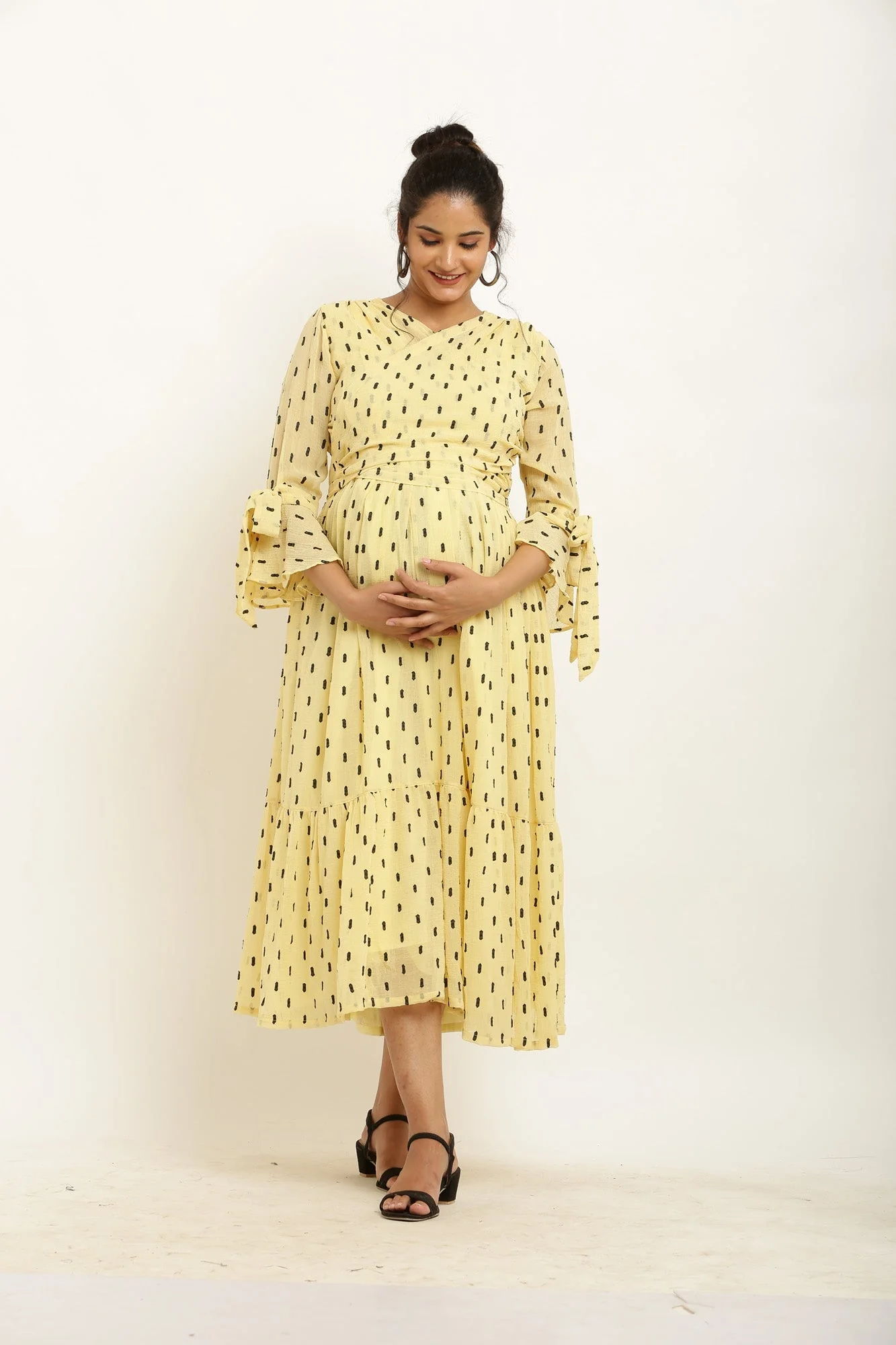 Pretty Yellow Maternity & Nursing Wrap Midi Dress - Chenance