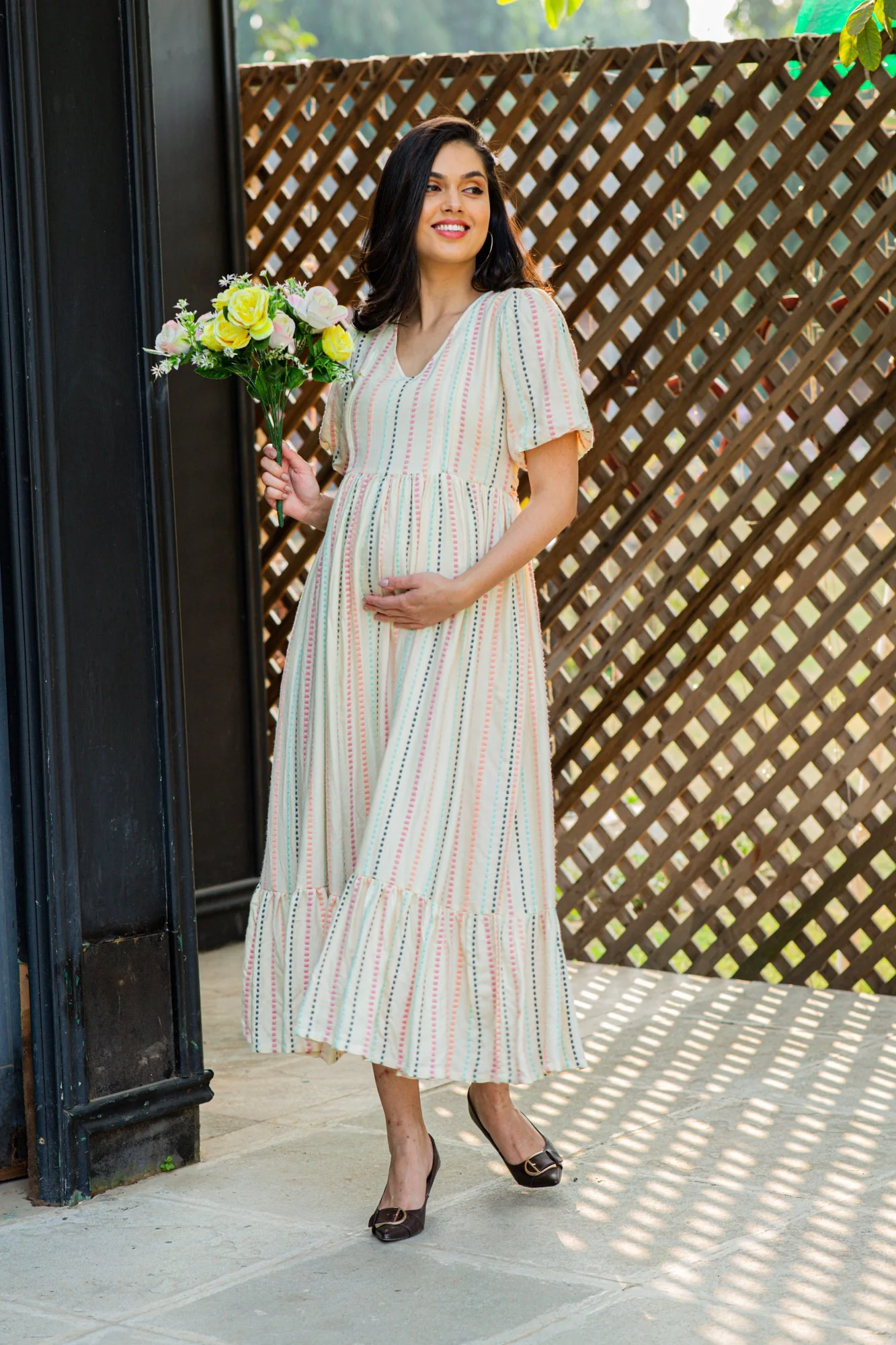 Off White Salmon Striped Long Maternity & Nursing Dress - Chenance