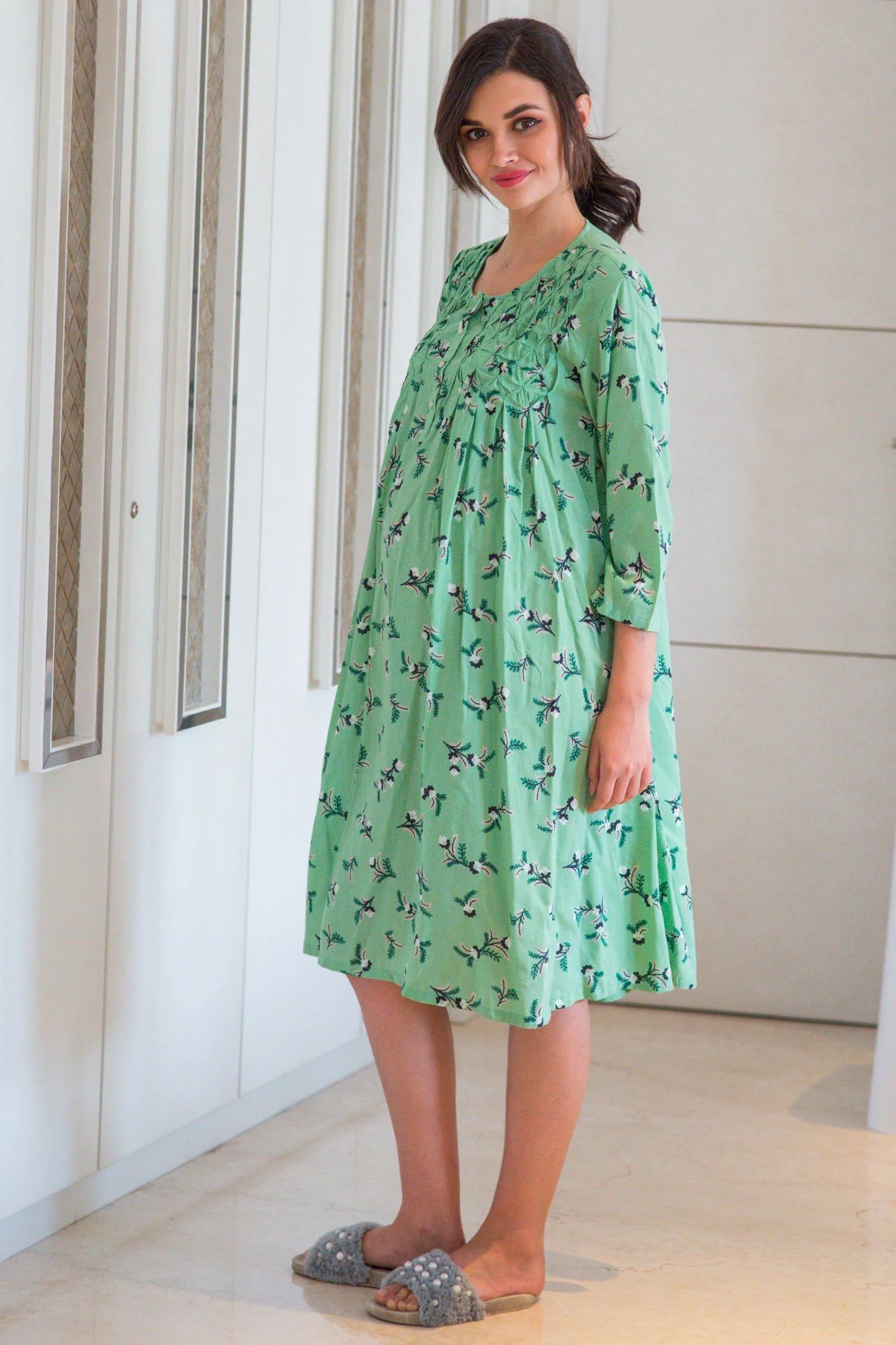 Botanical Mint Maternity & Nursing Night Dress - Chenance