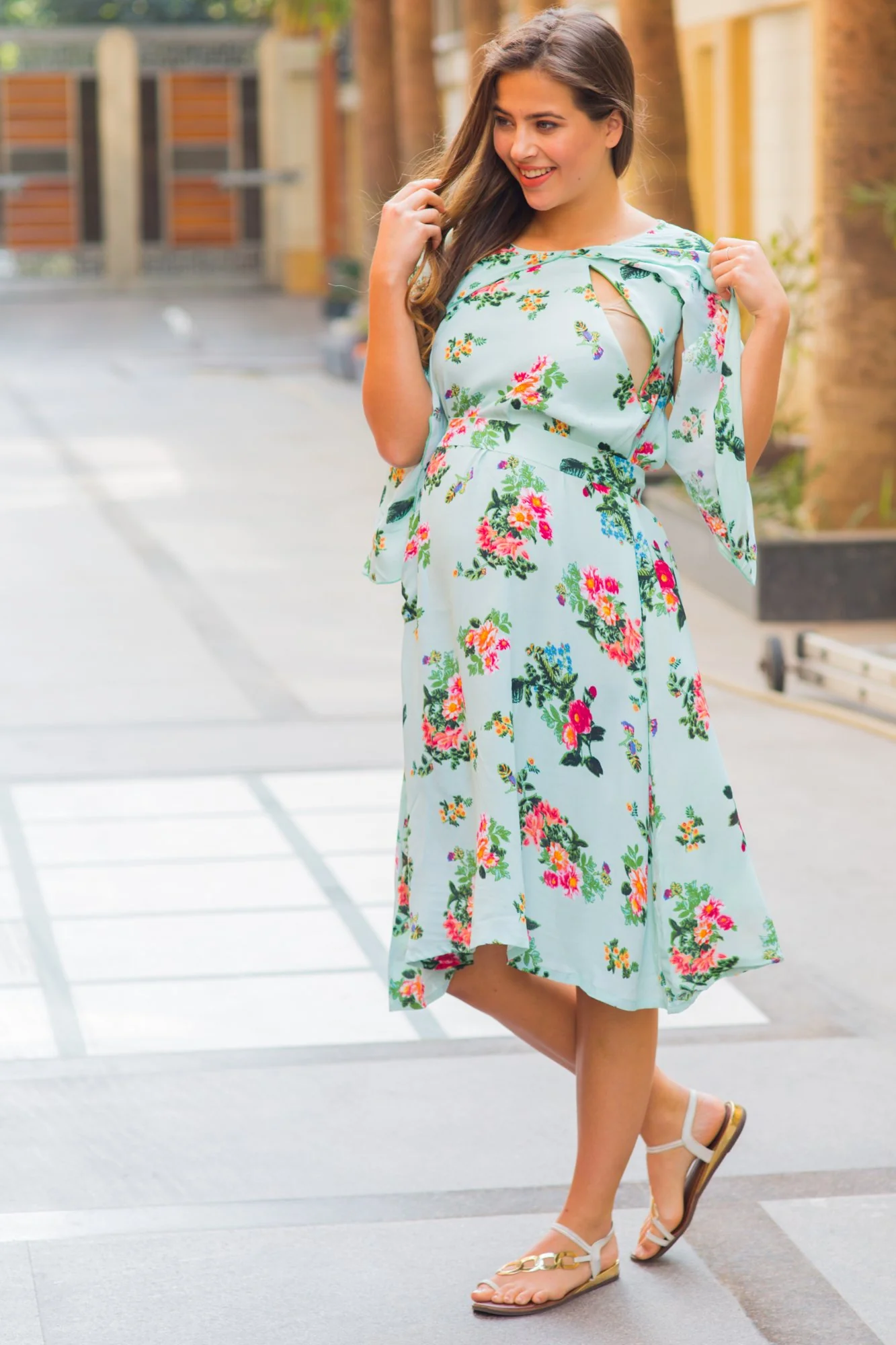 Mint Water Lilly Maternity & Nursing Flap Dress - Chenance