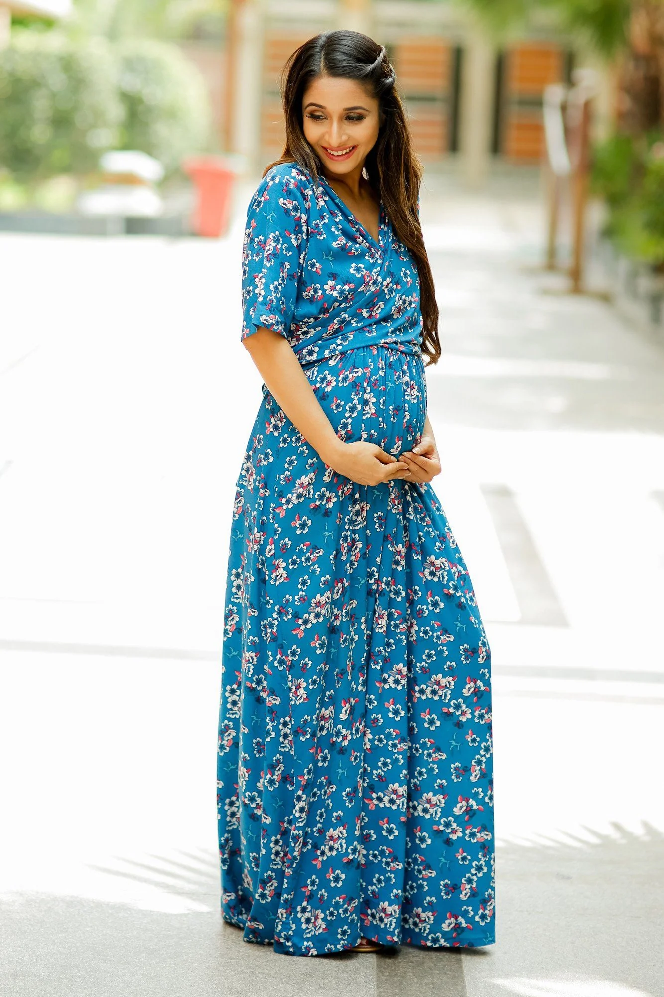 Floral Teal Maternity & Nursing Wrap Dress - Chenance