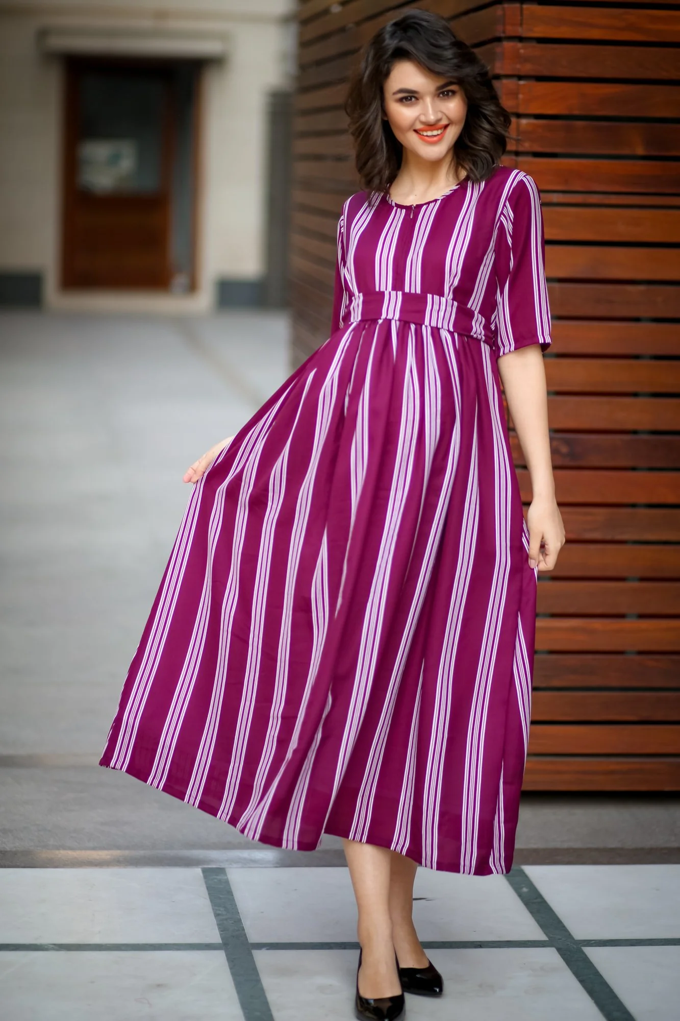 Plush Violet Striped Maternity & Nursing Dress - Chenance