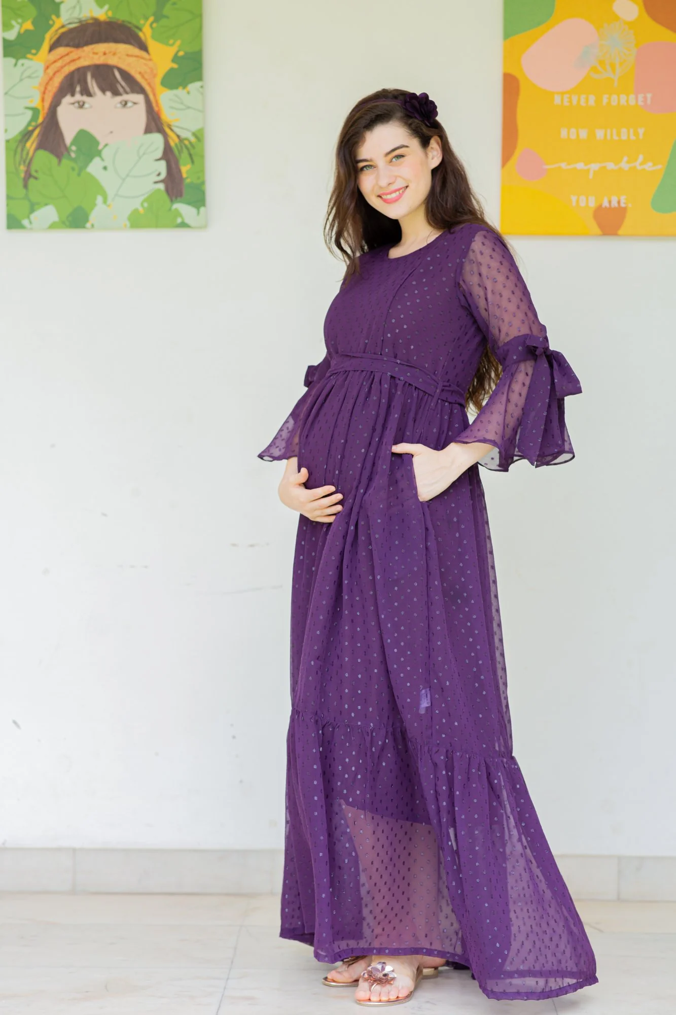 Brinjal Purple Maternity & Nursing Frill Dress - Chenance