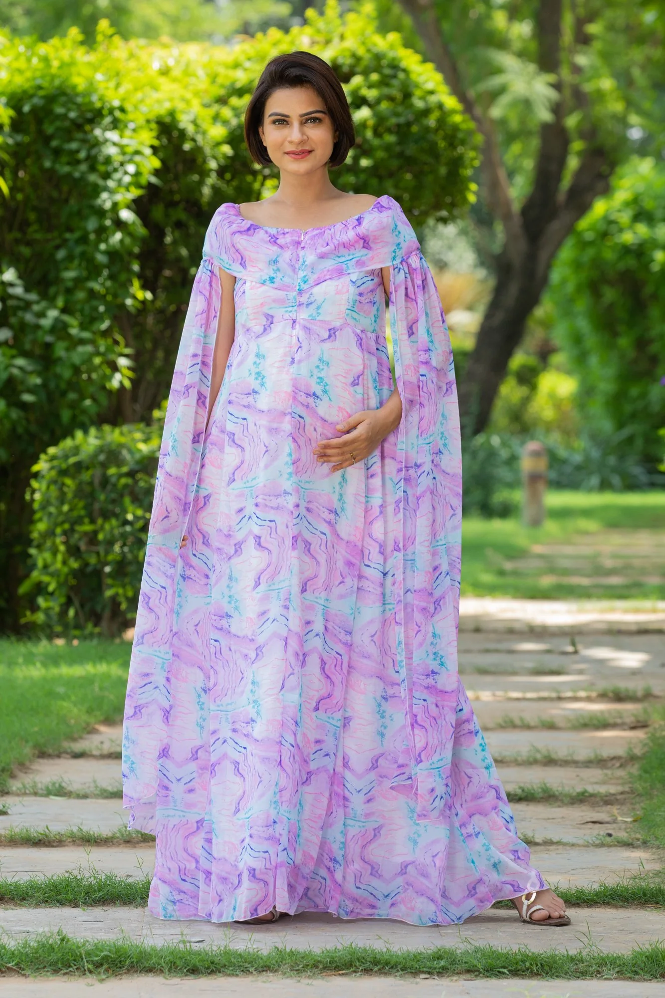 Lilac Breezy Flying Sleeves Maternity & Nursing Dress - Chenance