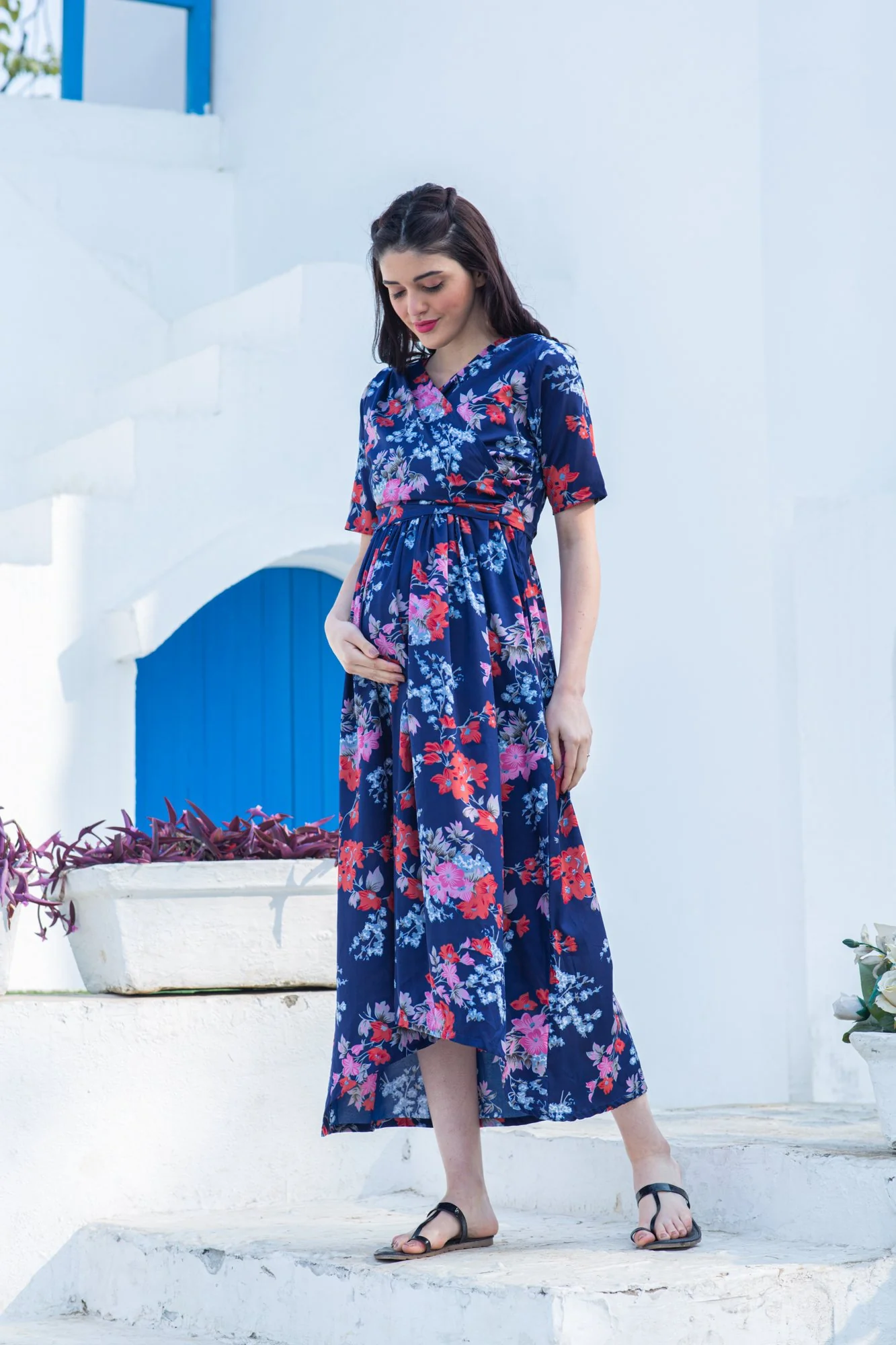 Navy Blue Peony Maternity & Nursing Hi-Low Wrap Dress - Chenance