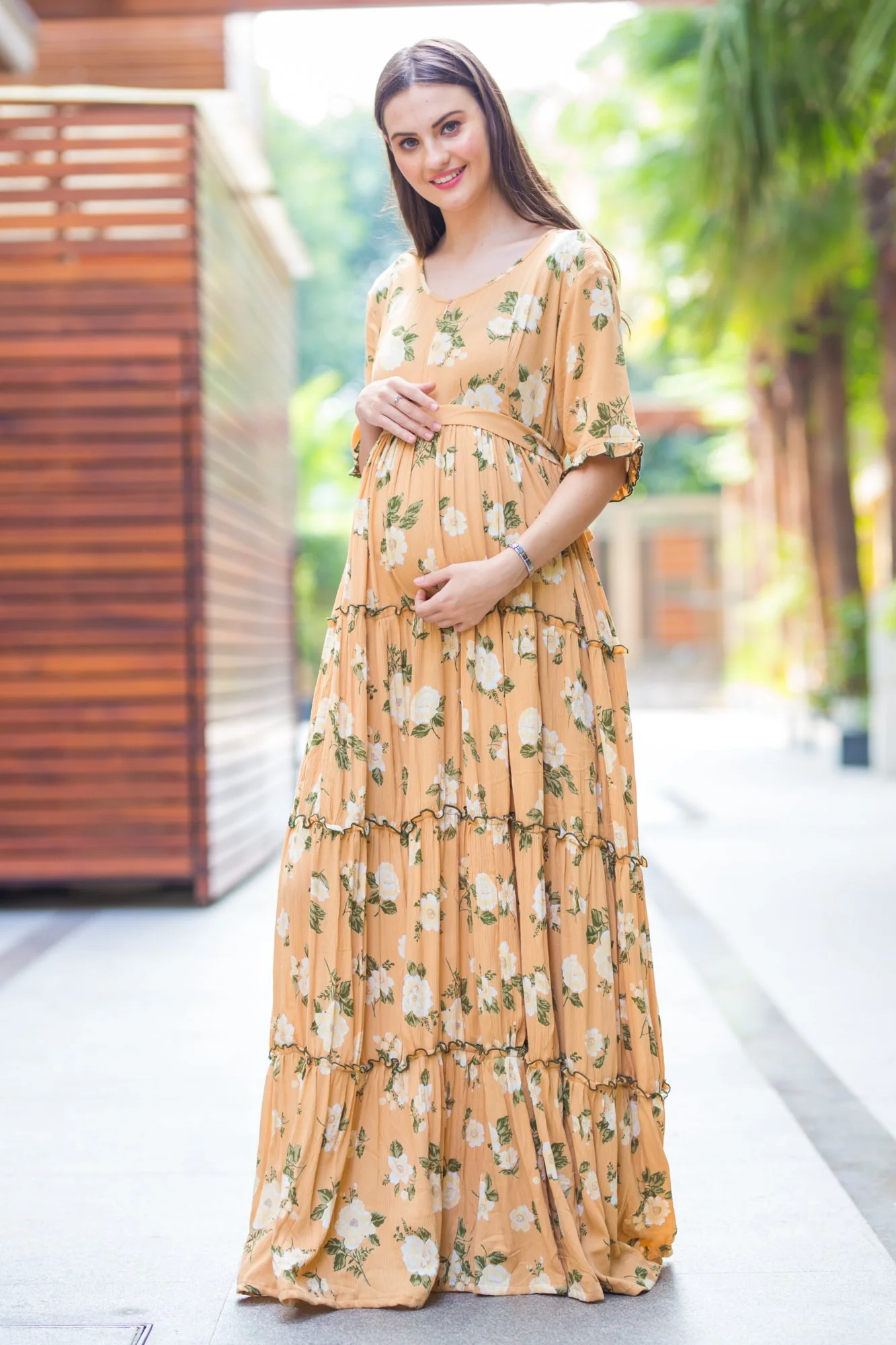 Multilayer Baby Fawn Frill Maternity & Nursing Dress - Chenance