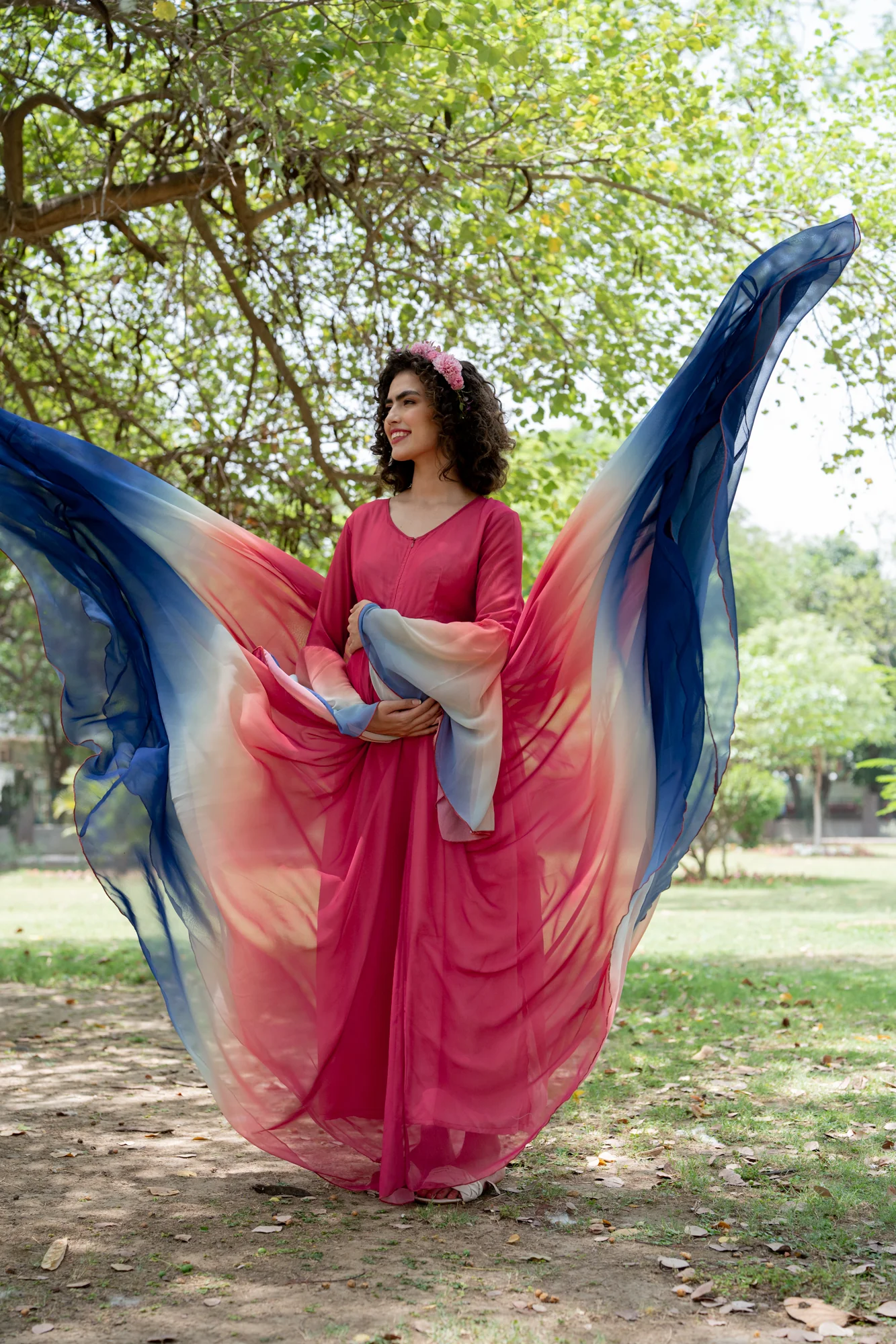 Luxe Pleasing Raspberry Blue Maternity & Nursing Flair Photoshoot Gown - Chenance