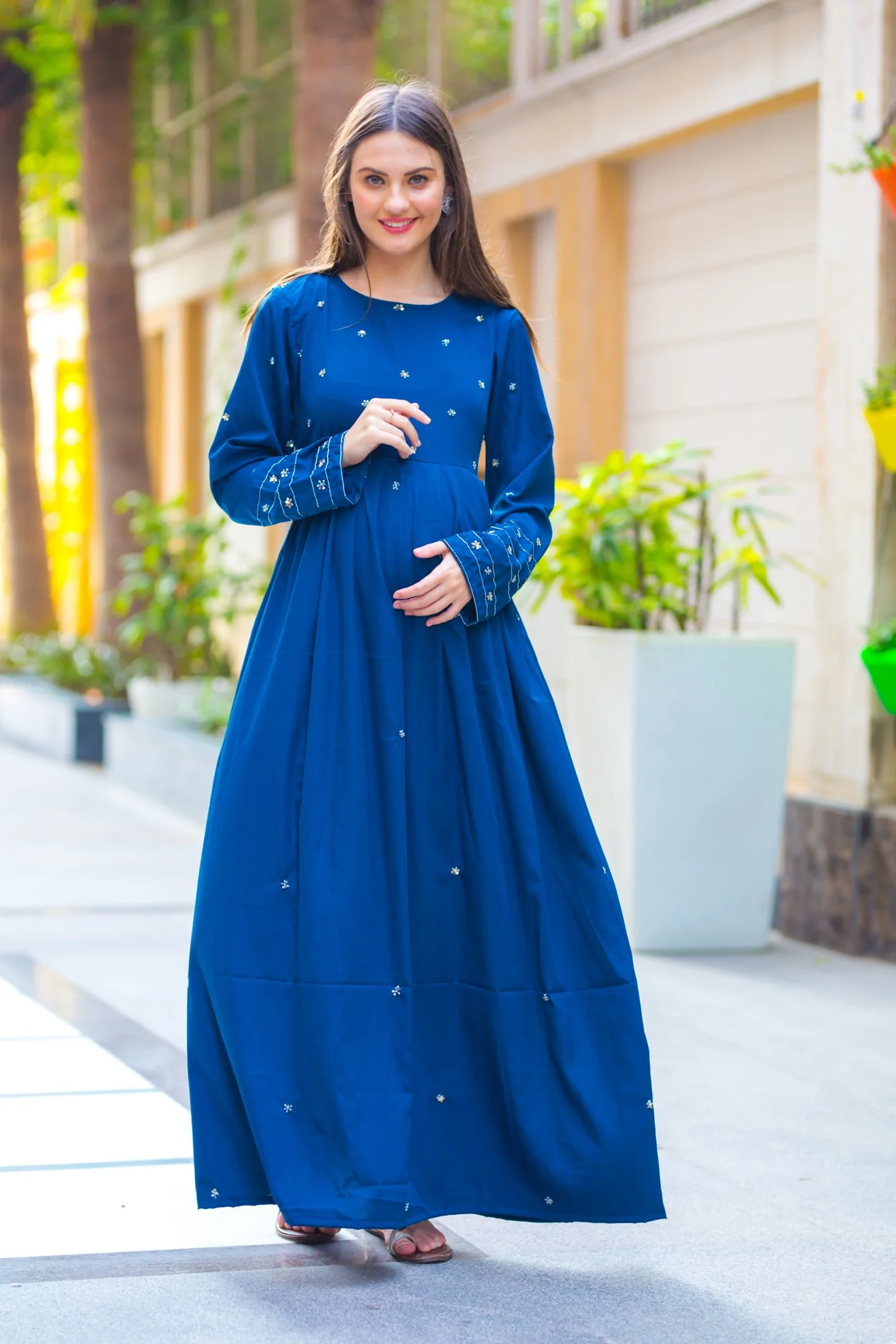 Premium Cobalt Blue Hand Embroidered  Maternity Dress - Chenance