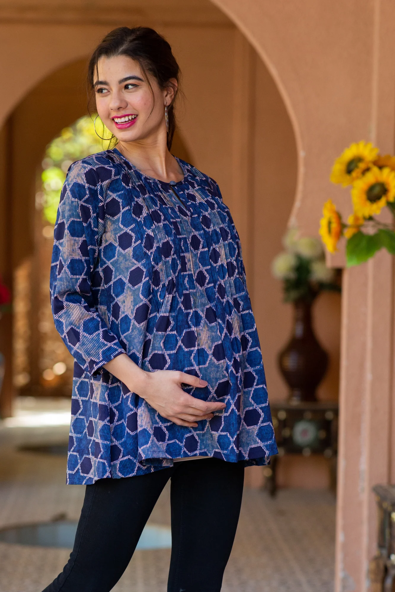 Denim Blue Starry Pintucks Maternity & Nursing Top - Chenance