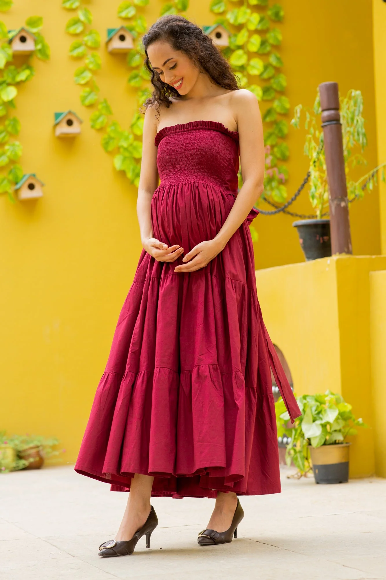 Elegant Rosewood Off Shoulder Maternity Frill Dress (100% Cotton) - Chenance