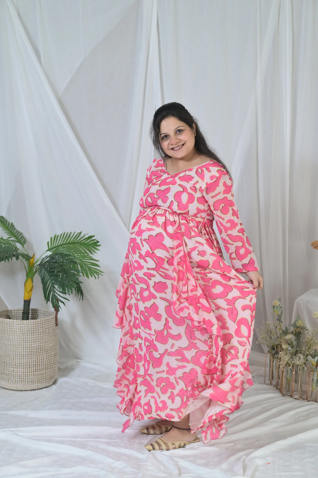 Jolly Pink Floral Maternity Flow Dress - Chenance